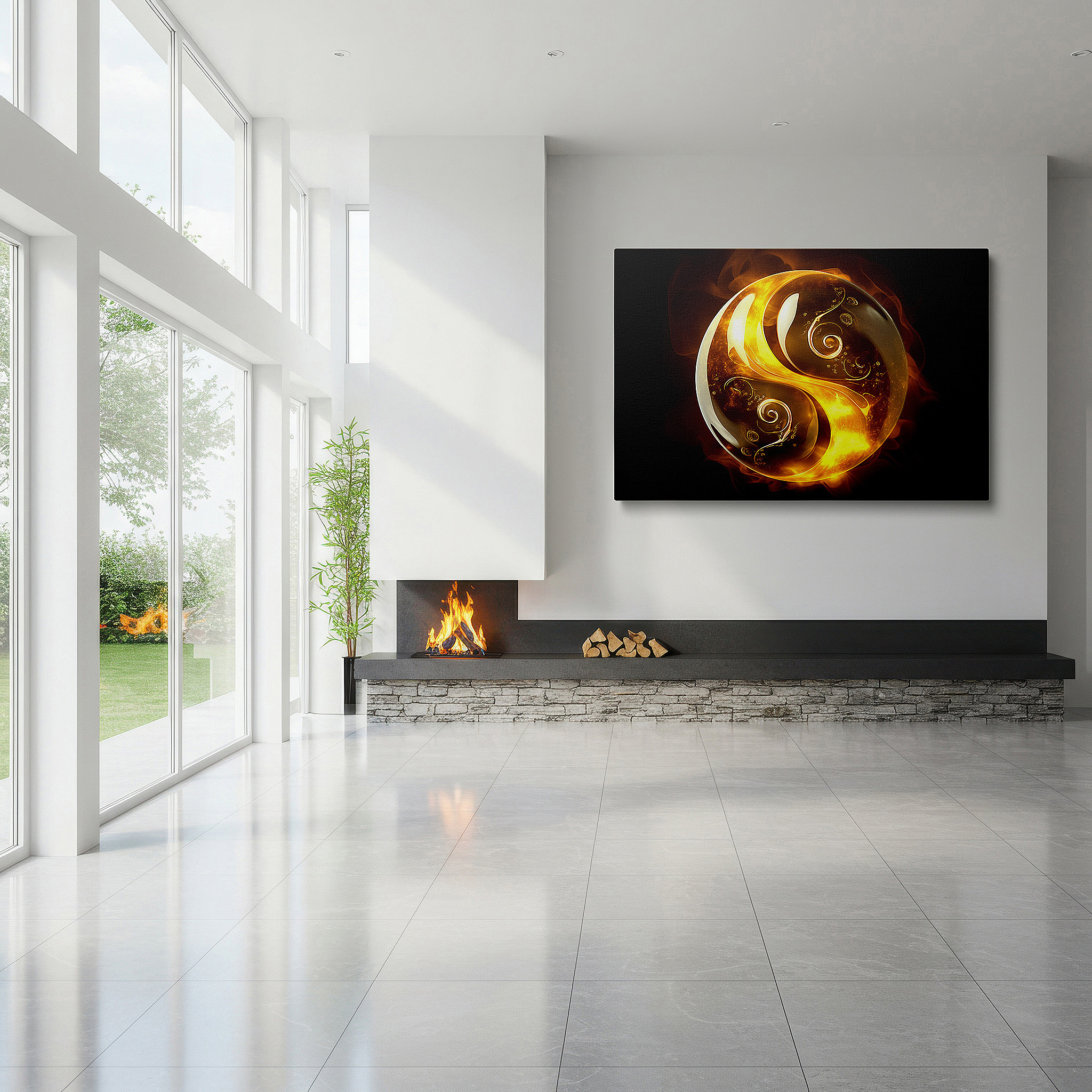The 75×50 cm version anchors medium rooms without dominating them — golden orb wall art: featuring intricate spirals, this abstract canvas exudes warmth and energy, perfect for home or office decor.