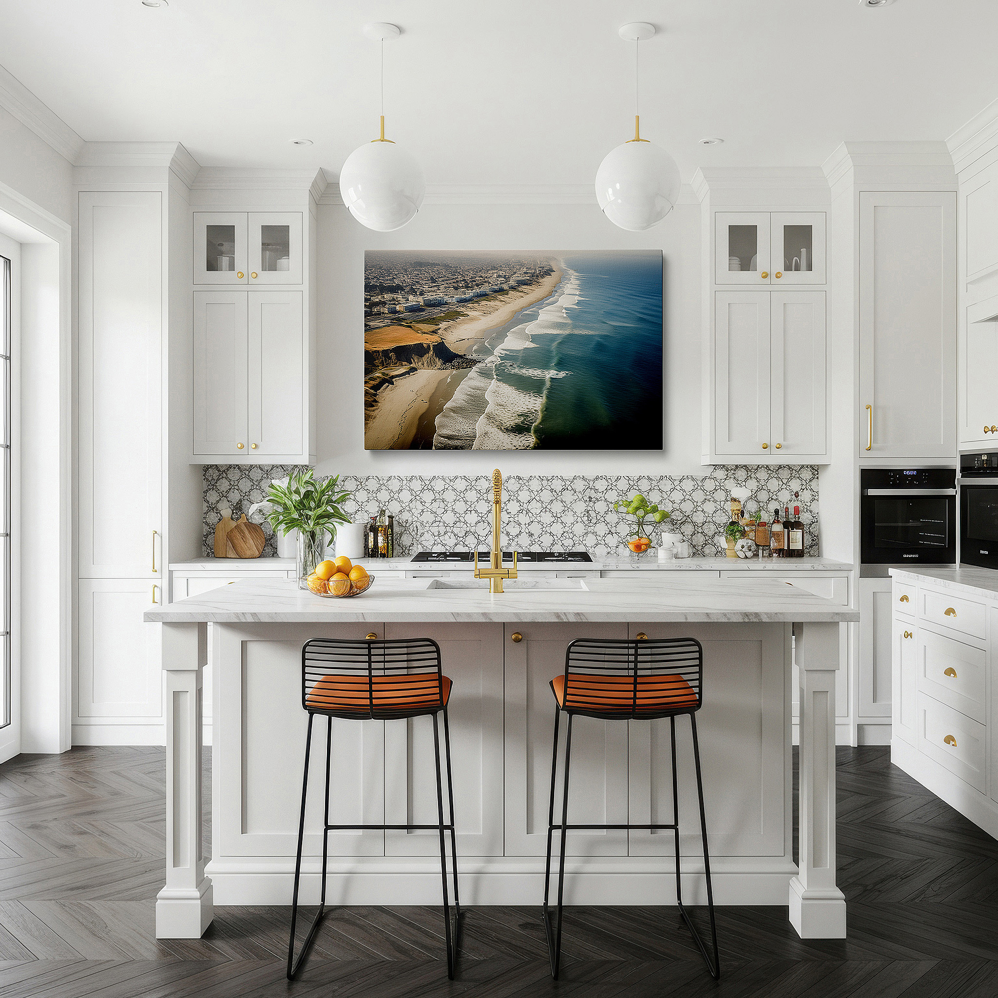 The 75×50 cm version anchors medium rooms without dominating them — golden sands and azure waves beneath majestic cliffs: a serene and adventurous coastal landscape - large canvas wall art for home and office decor