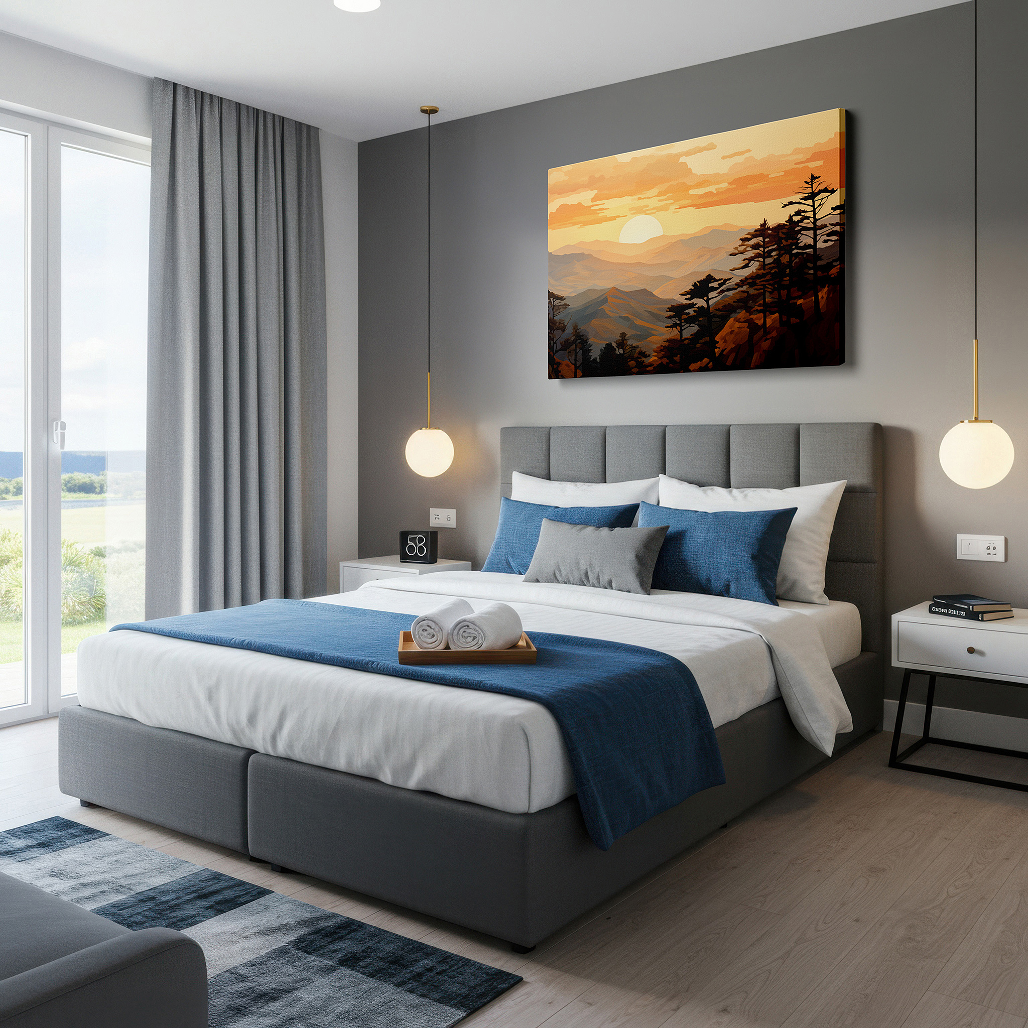 The 75×50 cm version anchors medium rooms without dominating them — golden sunrise over majestic mountains: a vivid landscape of light and shadow - large canvas wall art for office and bedroom decor