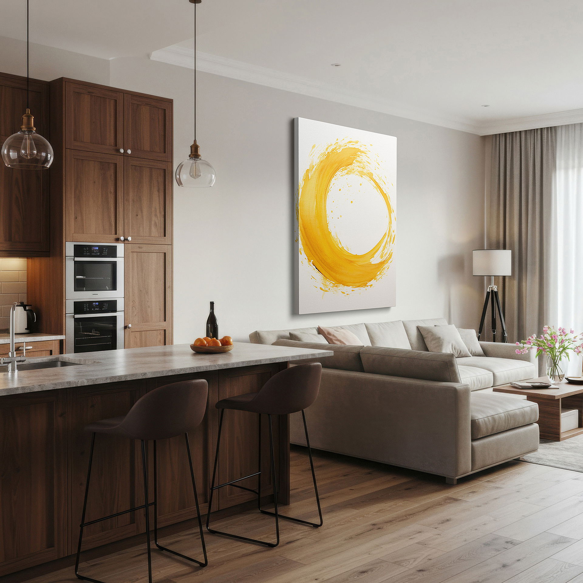 The 75×50 cm version anchors medium rooms without dominating them — golden swirl of energy and creativity: a vibrant beacon of positivity - large canvas wall art for office and bedroom decor