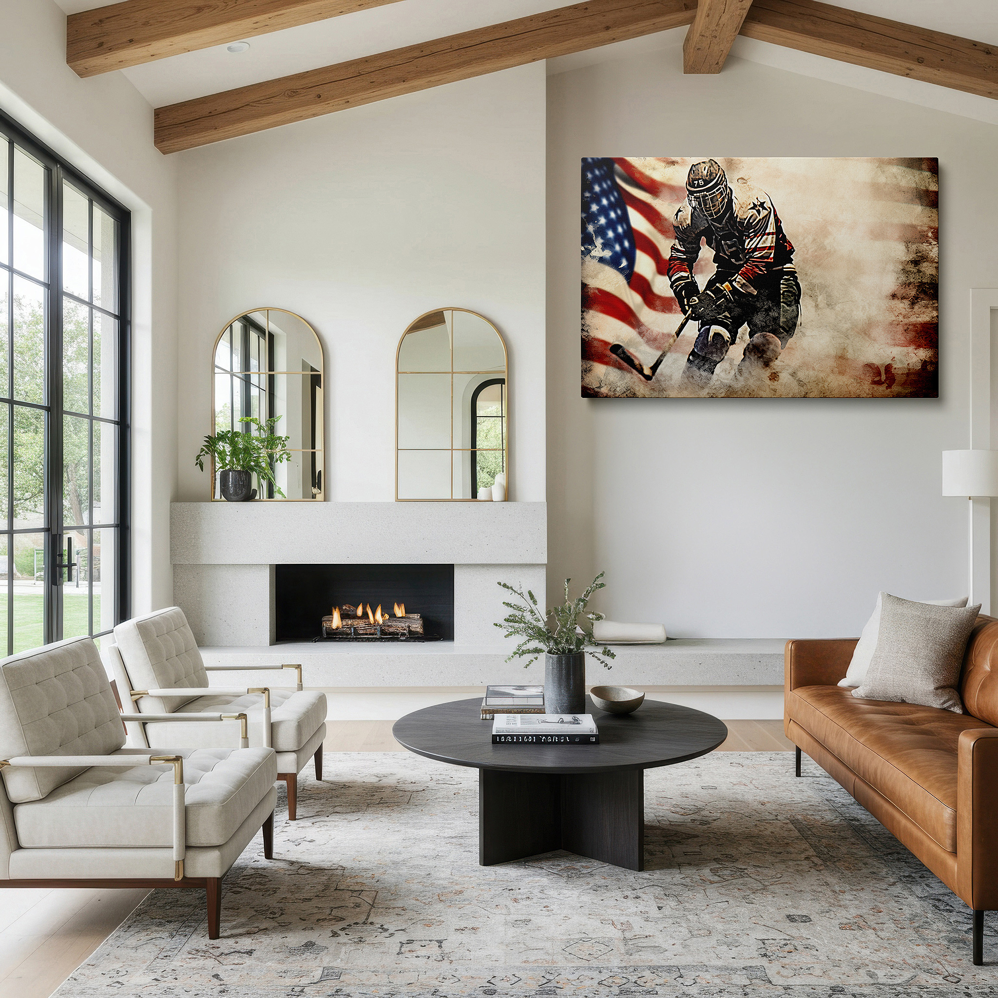 The 75×50 cm version anchors medium rooms without dominating them — "hockey heroism in home design: a player's vigorous chase among stars and stripes" - large wall art, canvas wall art, wall decor for office