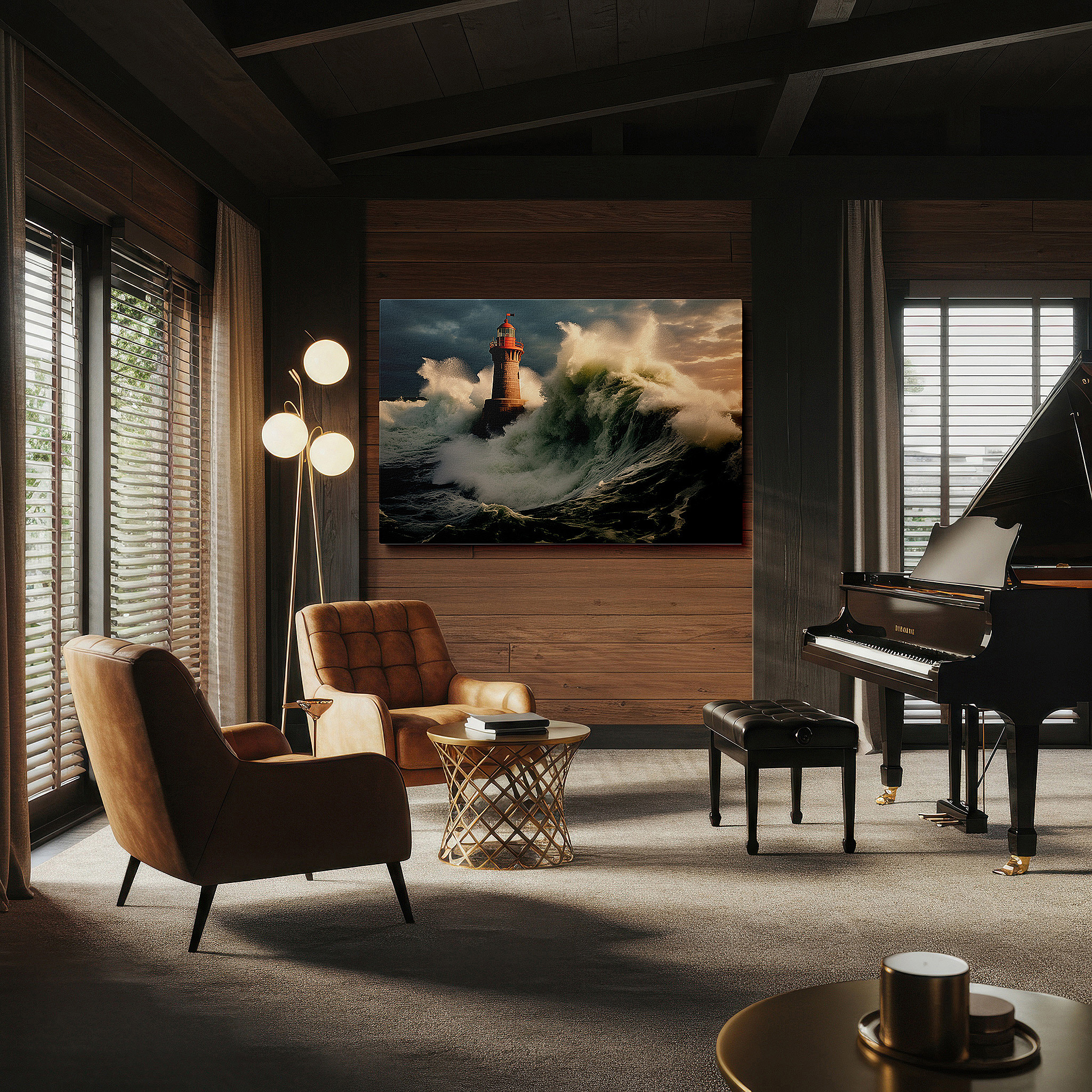 The 75×50 cm version anchors medium rooms without dominating them — lighthouse amidst stormy seas wall art - symbolizing resilience and hope, perfect for office, living room, or bedroom decor, available as large canvas art