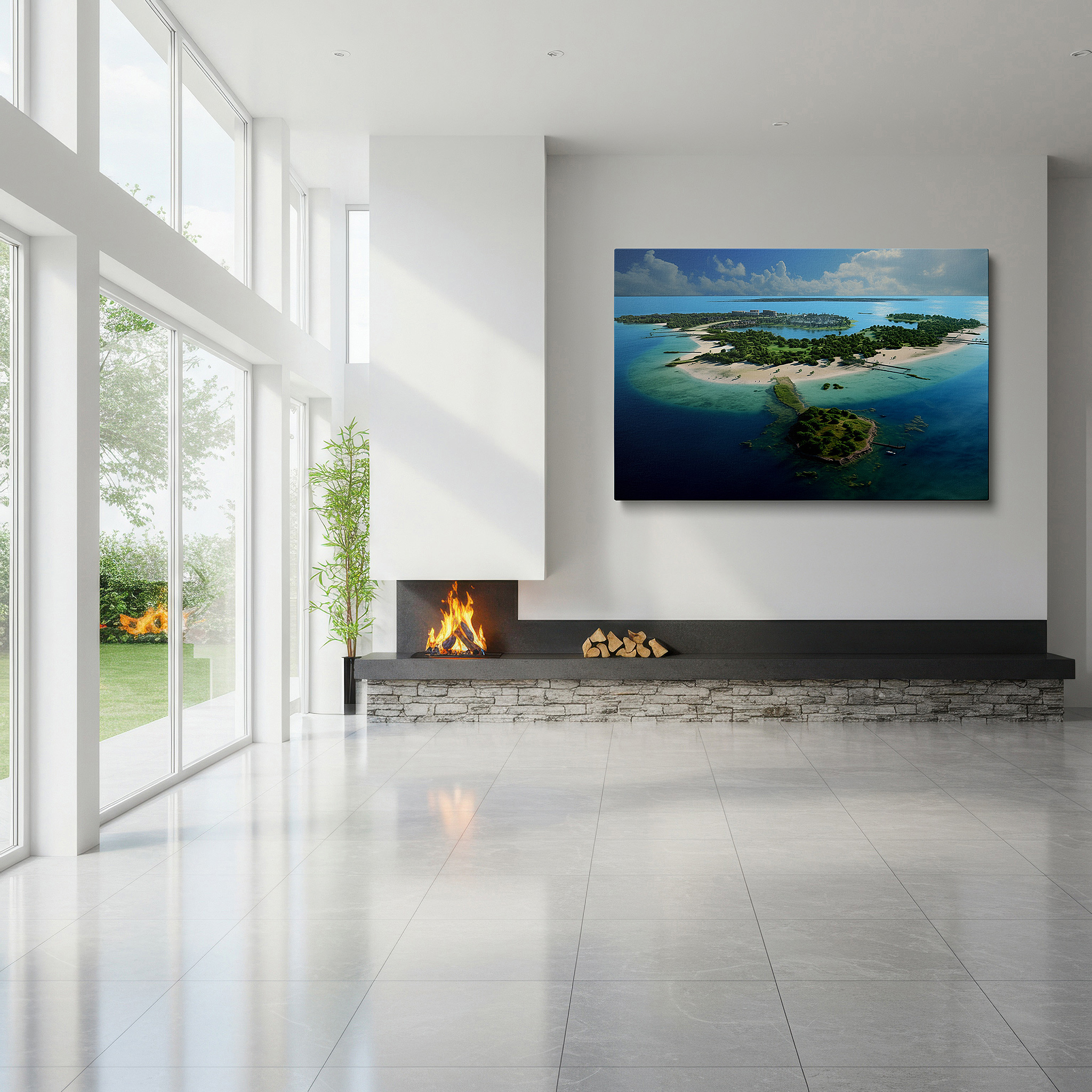 The 75×50 cm version anchors medium rooms without dominating them — lush greenery and azure waters aerial view large canvas wall art, perfect for office, bedroom, and living room decor