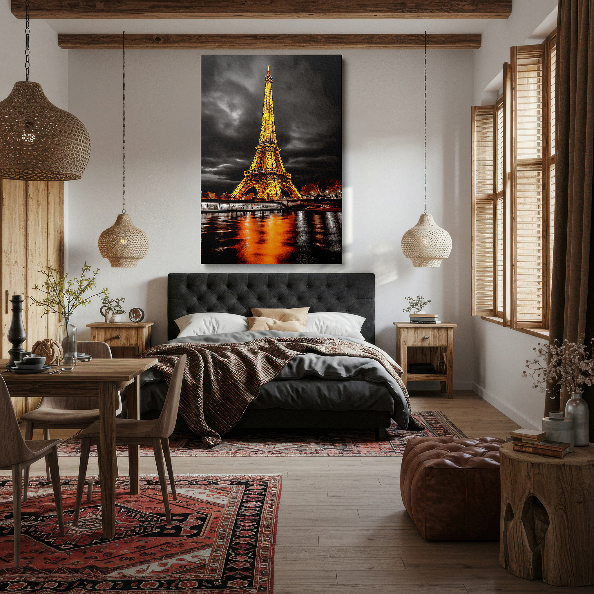 The 75×50 cm version anchors medium rooms without dominating them — magical paris night sky and golden eiffel tower large canvas wall art for bedroom and office decor