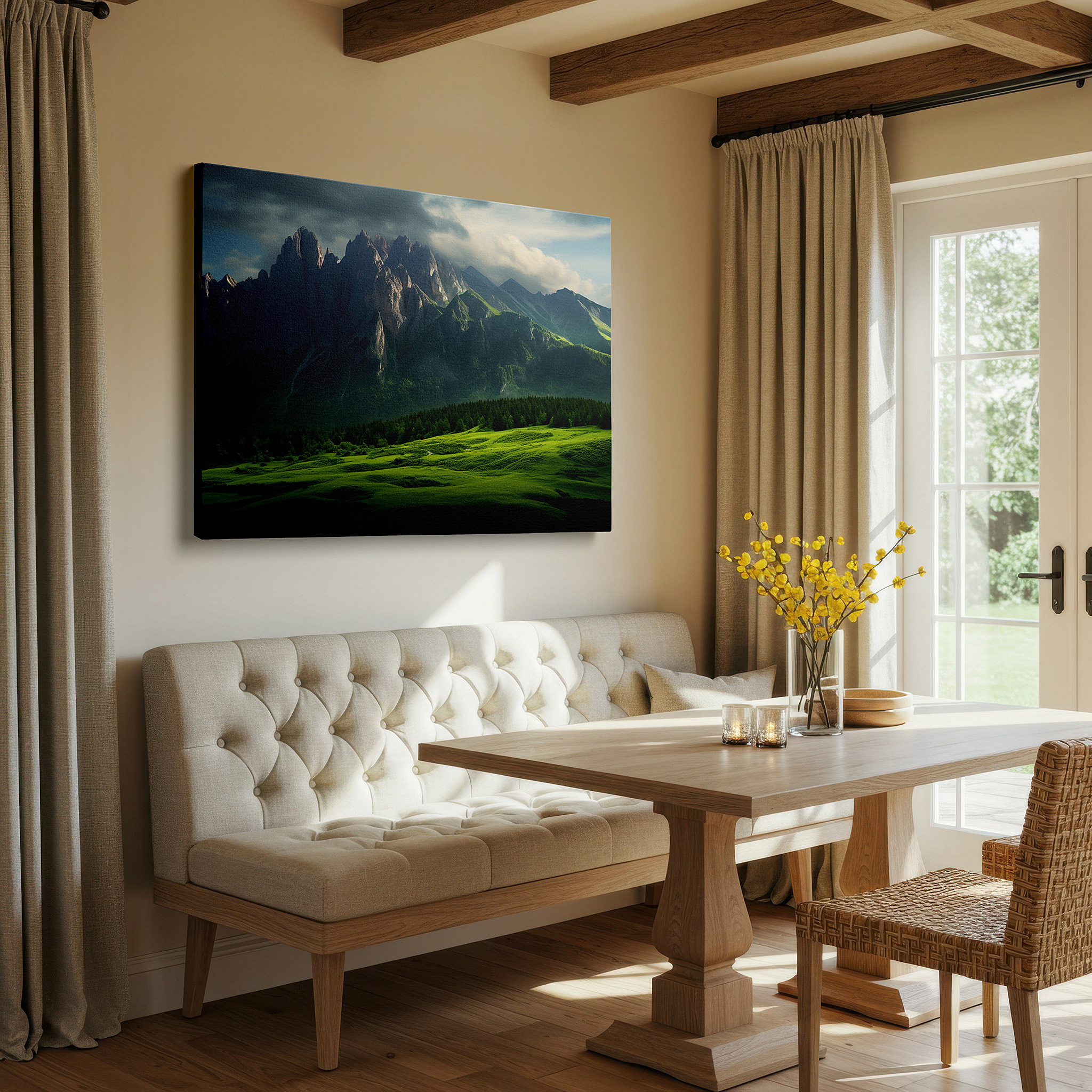 The 75×50 cm version anchors medium rooms without dominating them — majestic mountains and peaceful hills beneath a dramatic sky: large canvas wall art for office, bedroom, and living room decor