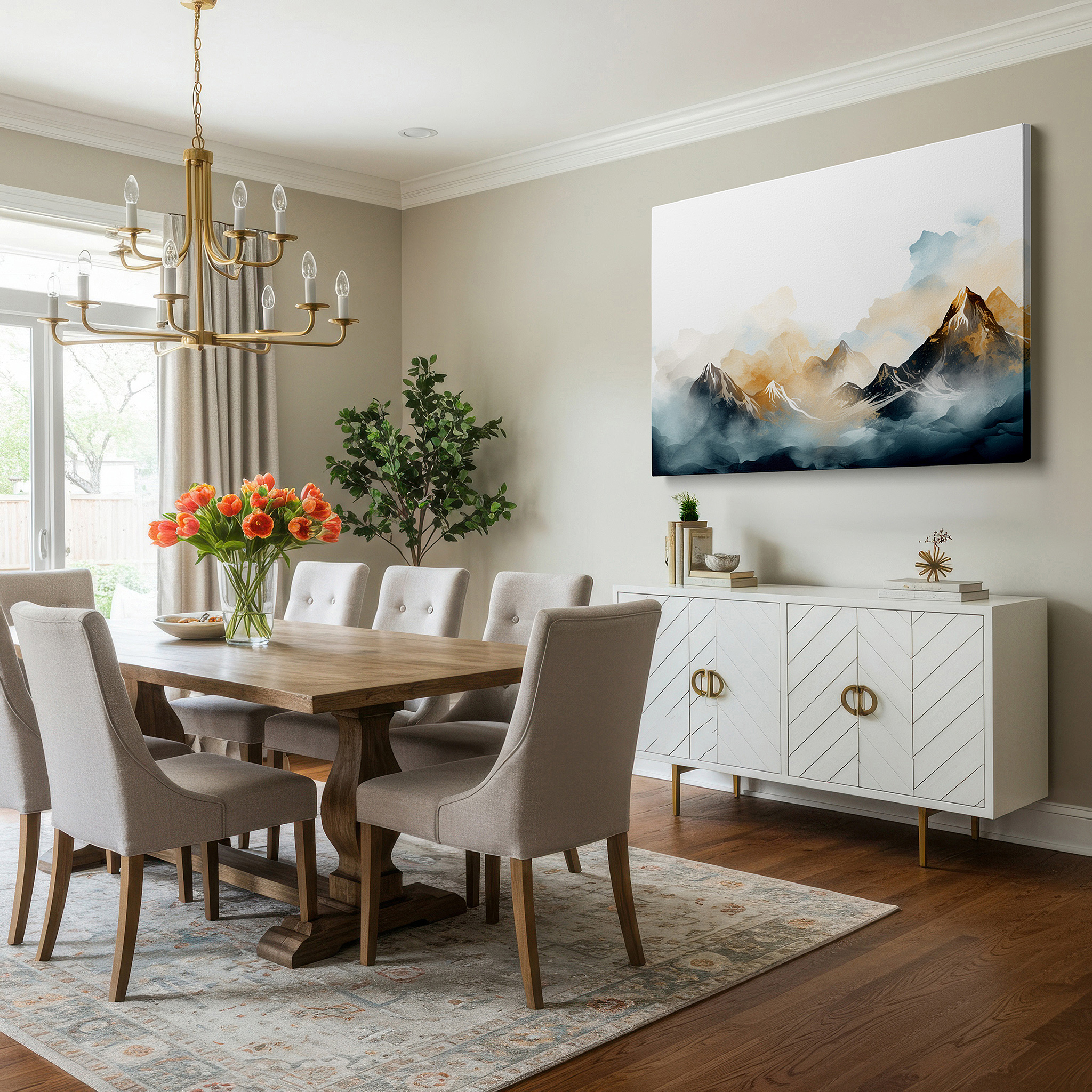 The 75×50 cm version anchors medium rooms without dominating them — majestic mountains shrouded in mist, play of light and shadow, large wall art, canvas wall art, wall decor for office and bedroom