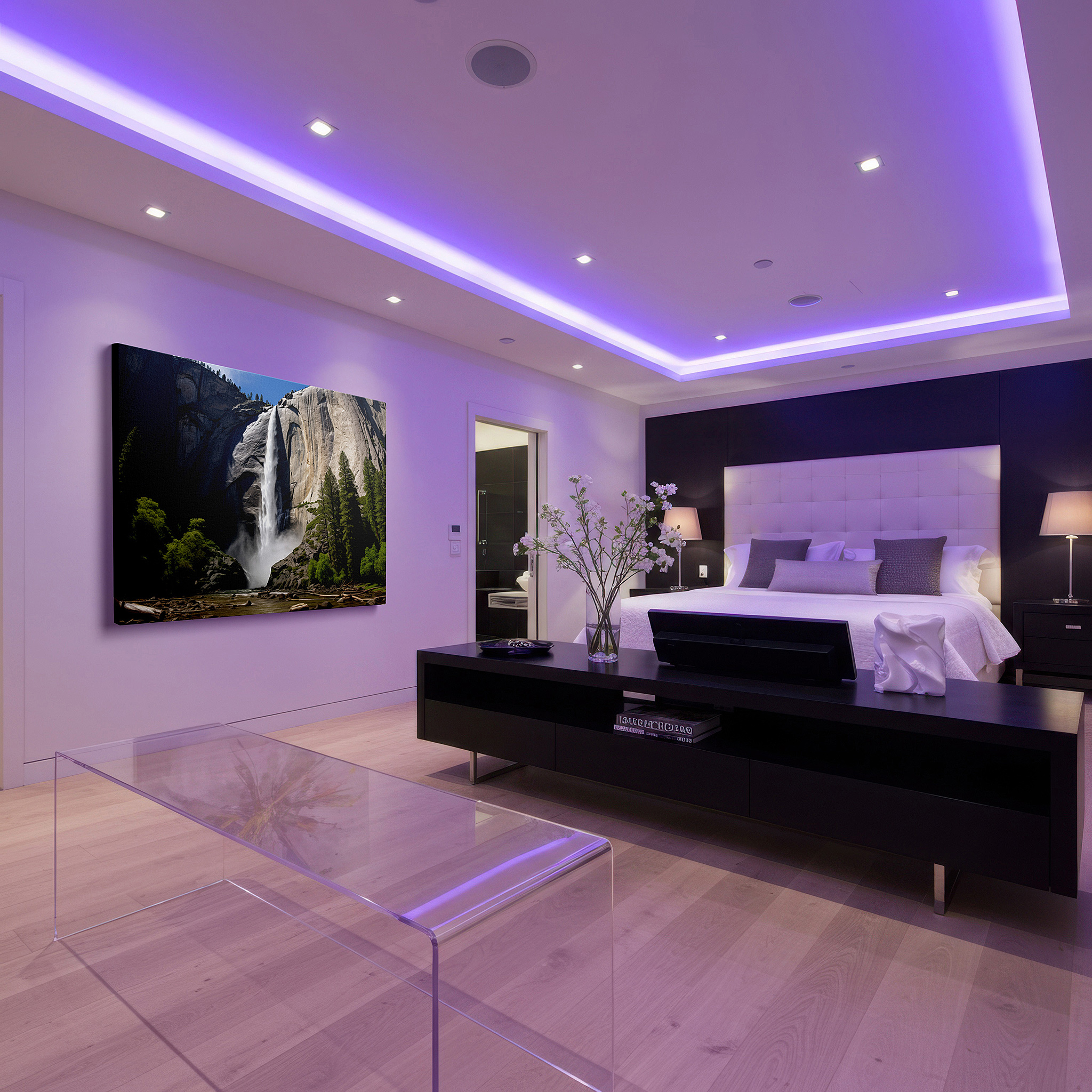 The 75×50 cm version anchors medium rooms without dominating them — majestic waterfall amidst lush forests: a stunning display of light and ethereal glow - large canvas wall art for home and office decor