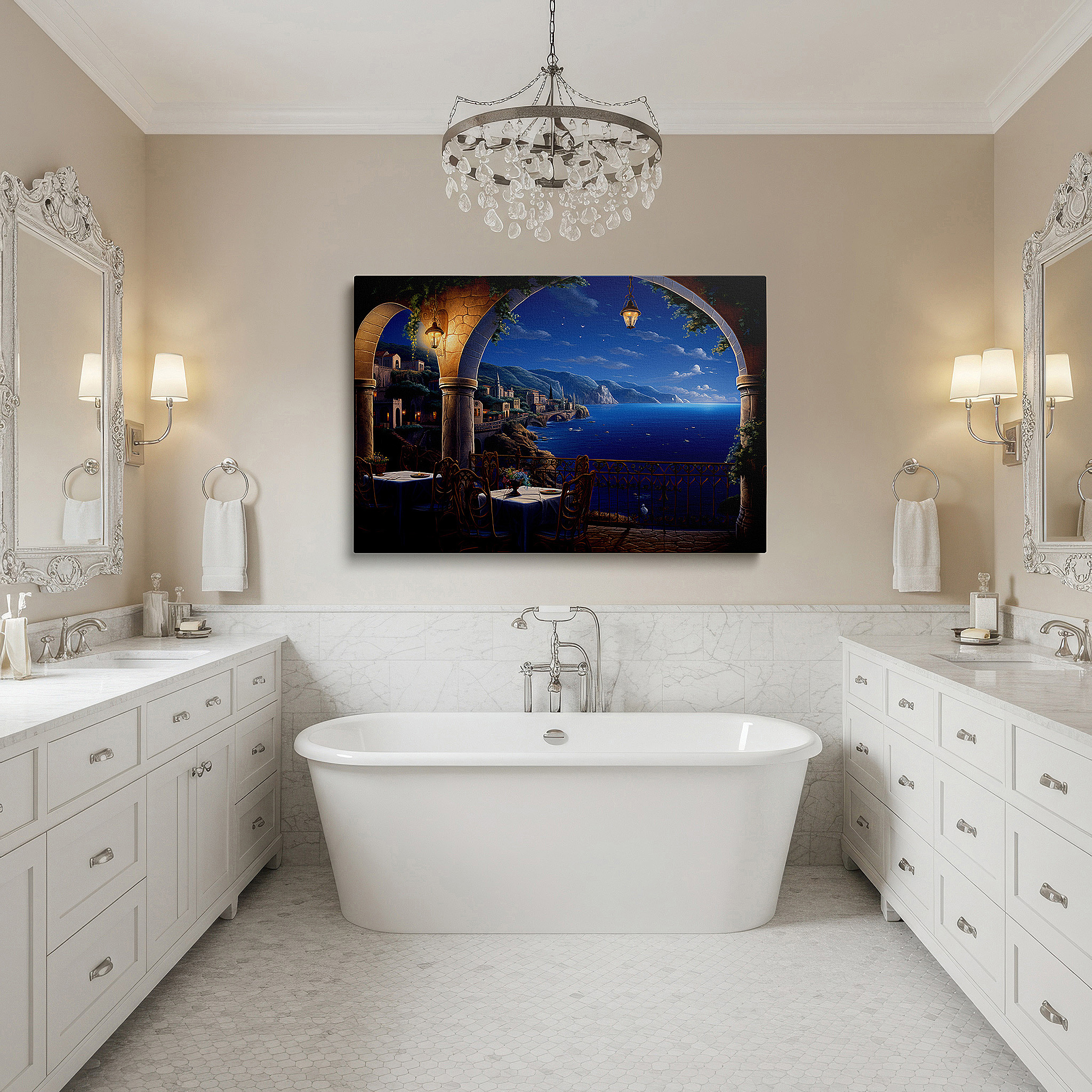 The 75×50 cm version anchors medium rooms without dominating them — mediterranean retreat canvas wall art featuring sunset glow and serene sea views for office, bedroom, and living room decor