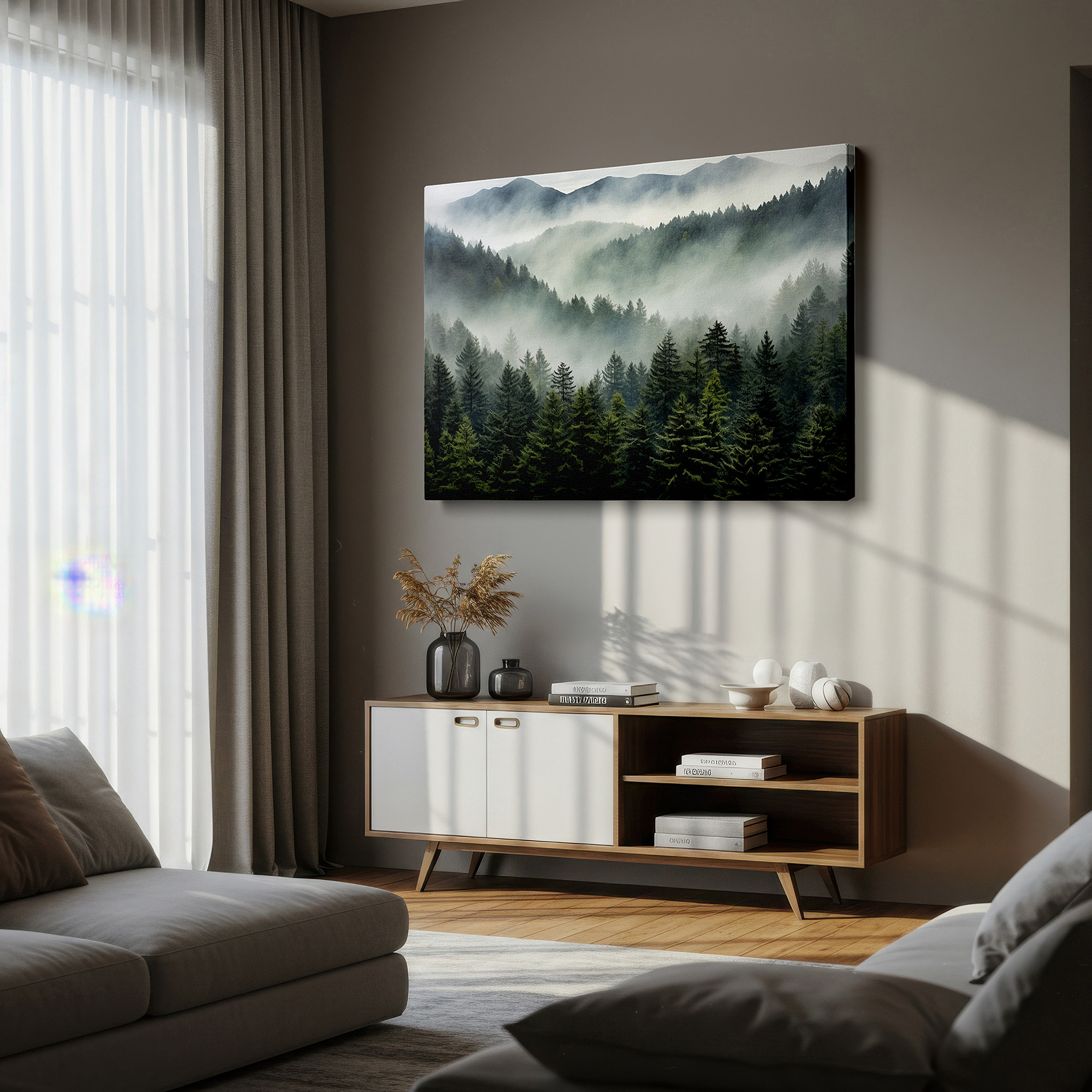 The 75×50 cm version anchors medium rooms without dominating them — misty mountains shrouded in ethereal fog - tranquil, mysterious landscape large wall art, canvas wall art, wall decor for office