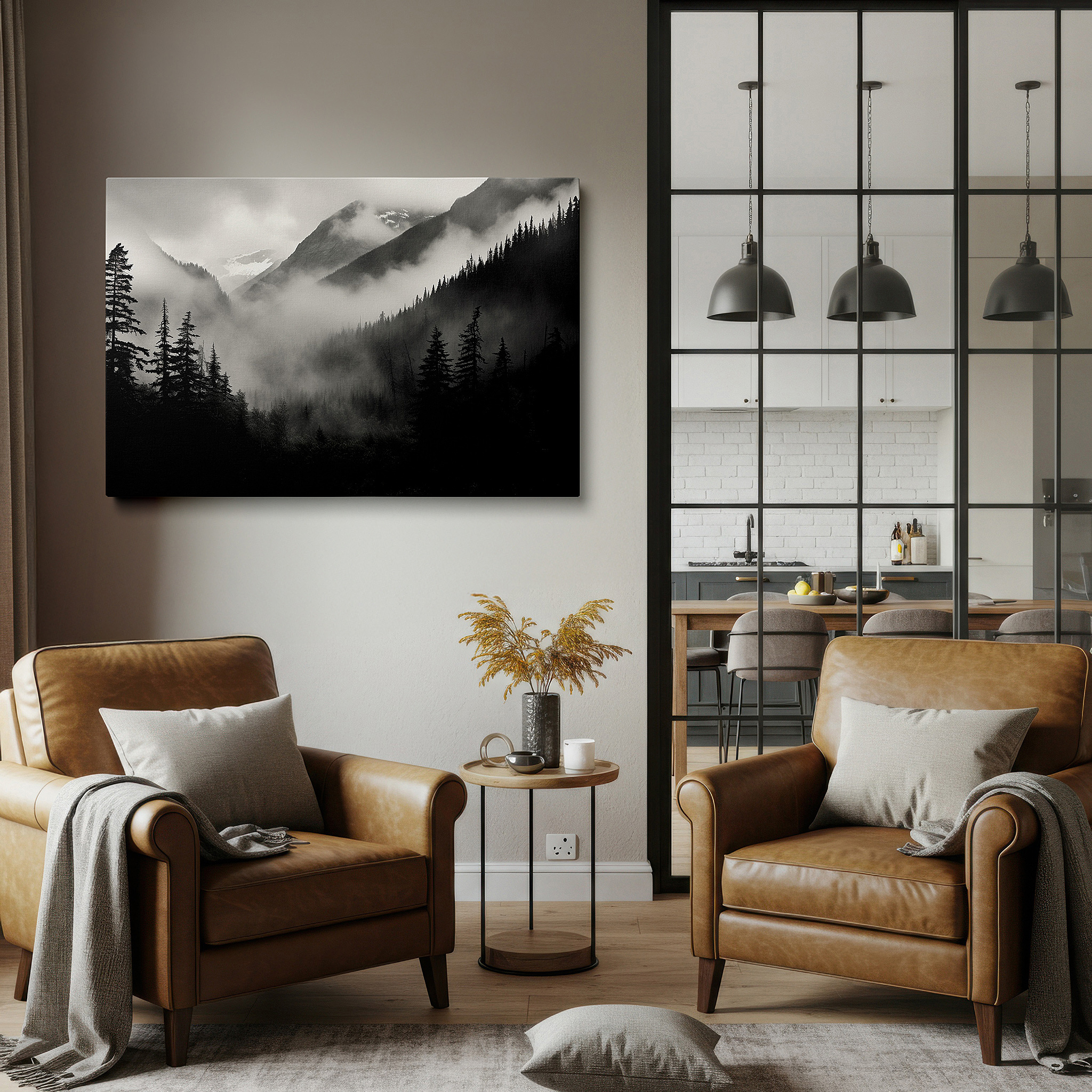 The 75×50 cm version anchors medium rooms without dominating them — monochrome enigmatic peaks and misty forests large wall art, canvas wall art, decor for office, bedroom, and living room