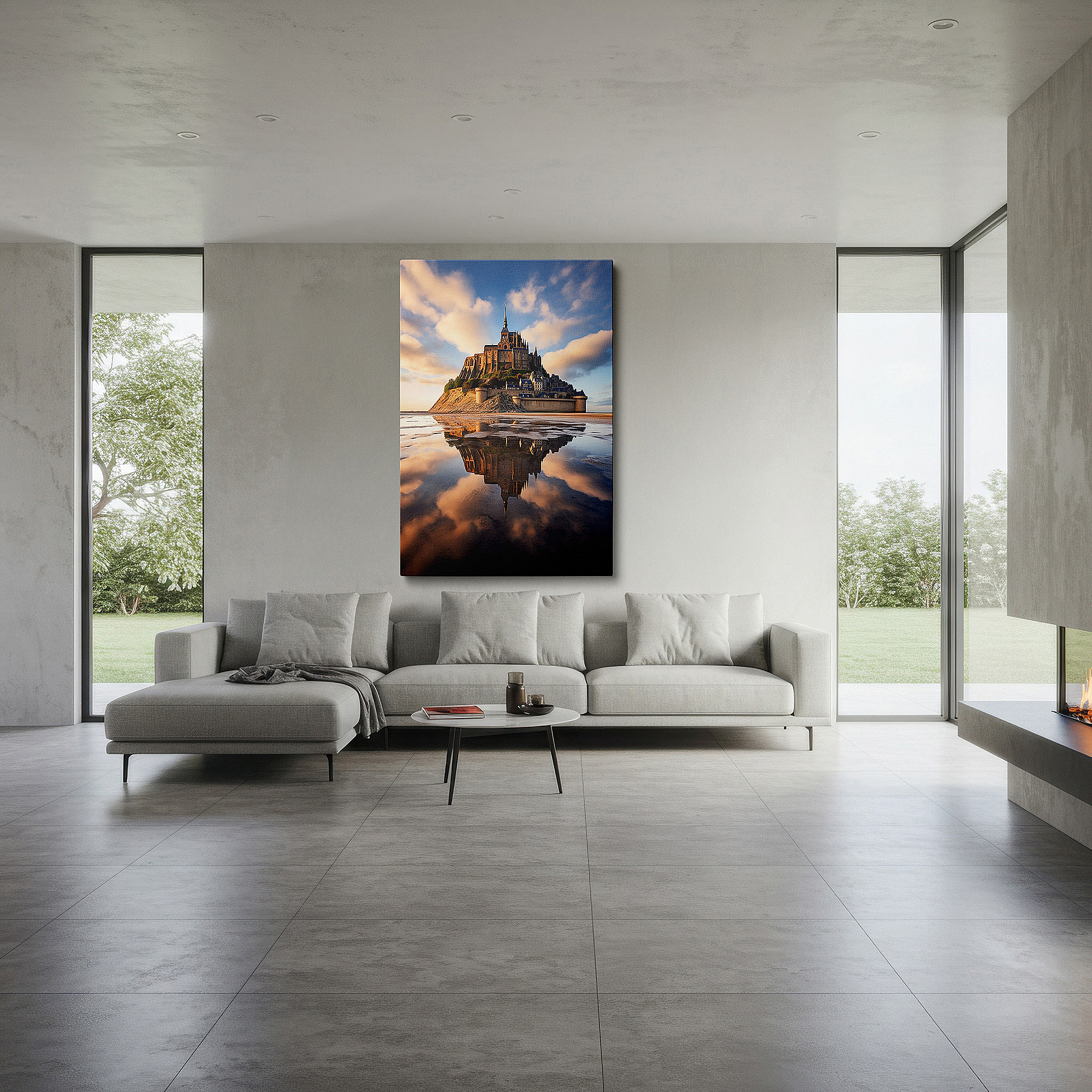 The 75×50 cm version anchors medium rooms without dominating them — mont saint-michel at sunset wall art: timeless beauty reflected in tranquil waters - large canvas for home and office decor, perfect for living room and bedroom