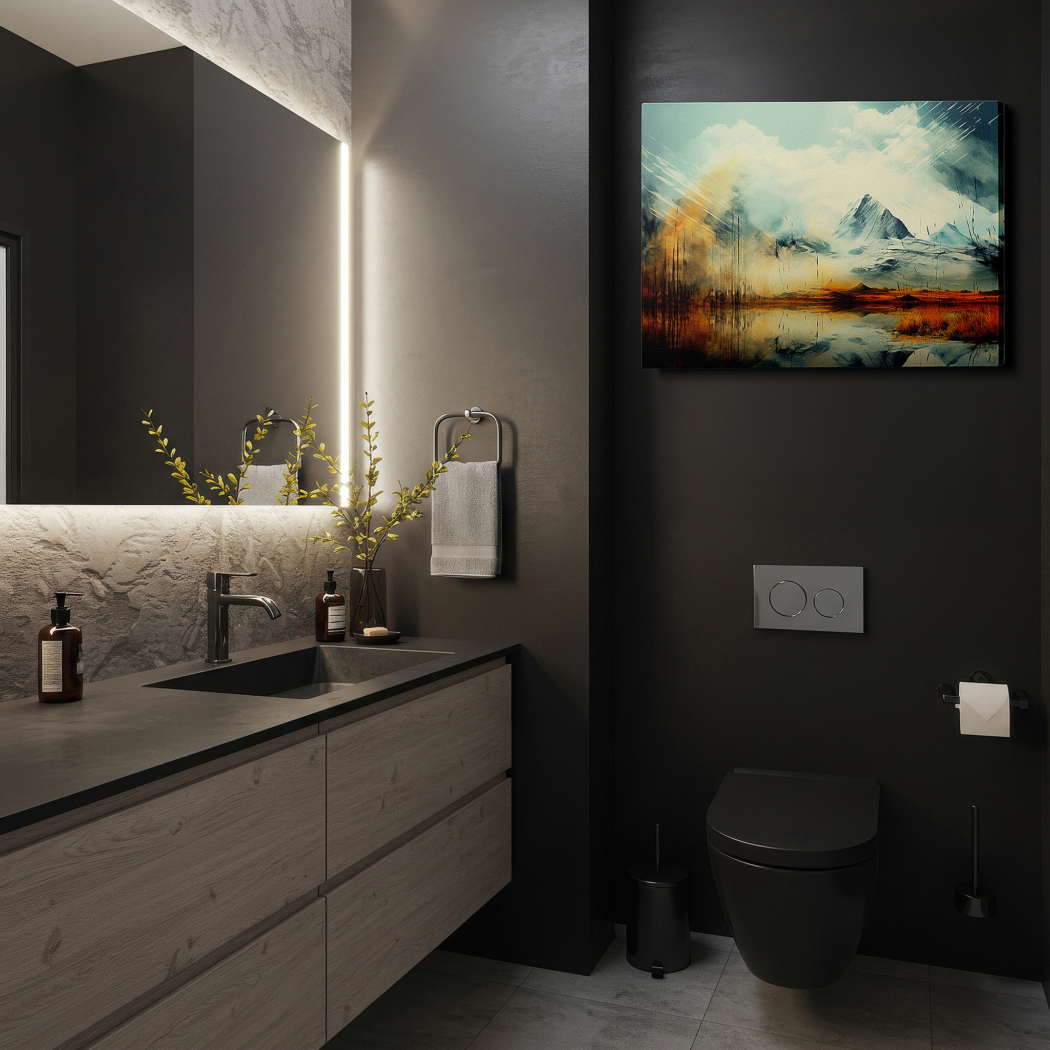 The 75×50 cm version anchors medium rooms without dominating them — mountain reflections and vibrant foliage wall art: large canvas for home and office decor