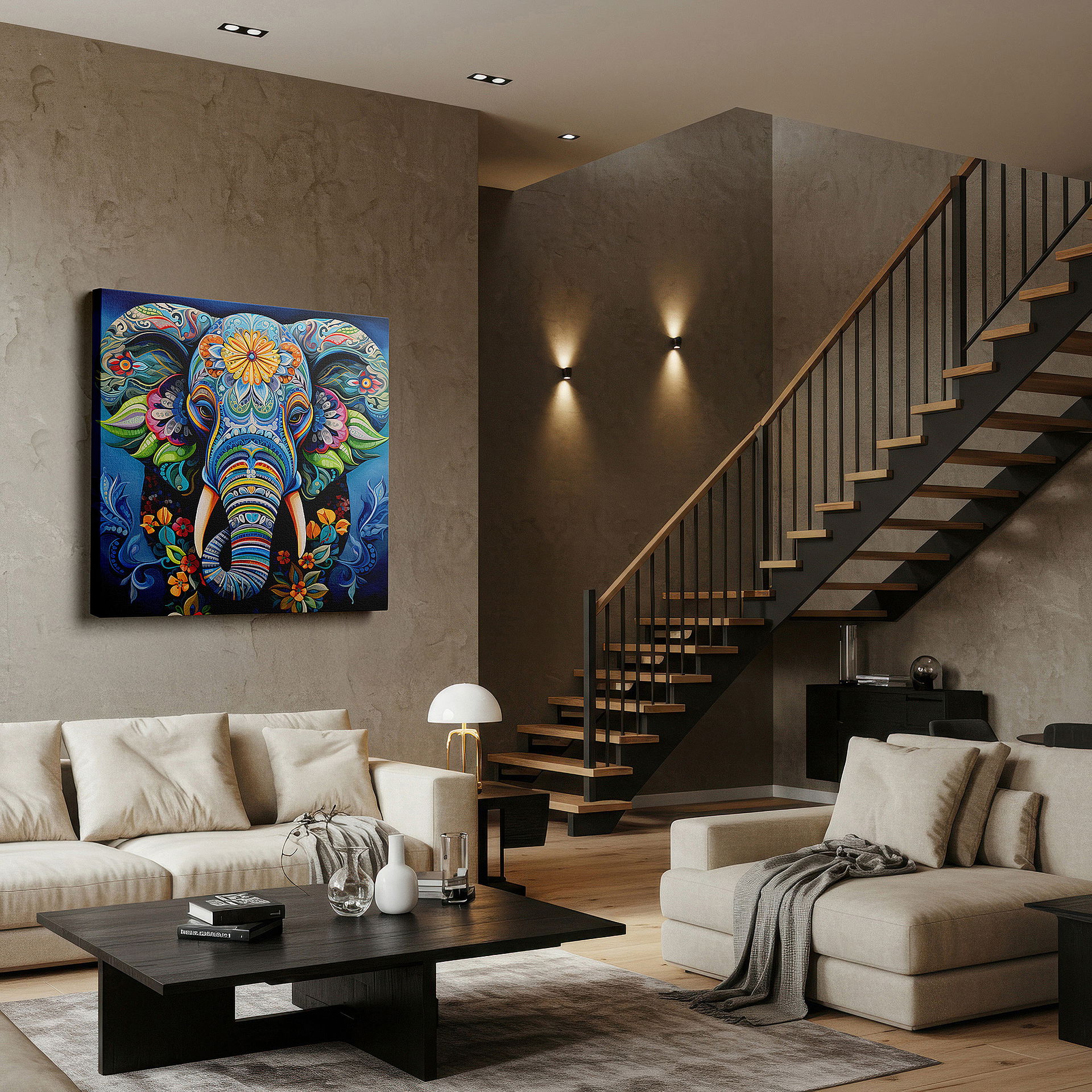 The 75×50 cm version anchors medium rooms without dominating them — mystical blue elephant wall art featuring floral and