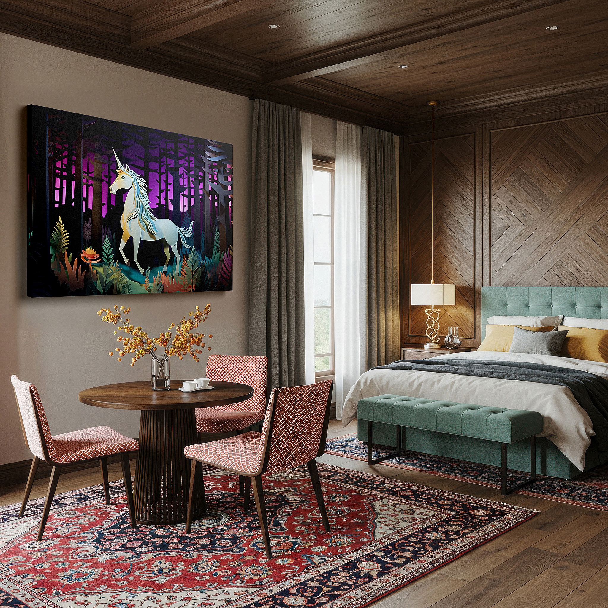 The 75×50 cm version anchors medium rooms without dominating them — mystical unicorn in an enchanted forest, magical vision and dream-themed large wall art, canvas wall art for office and bedroom decor