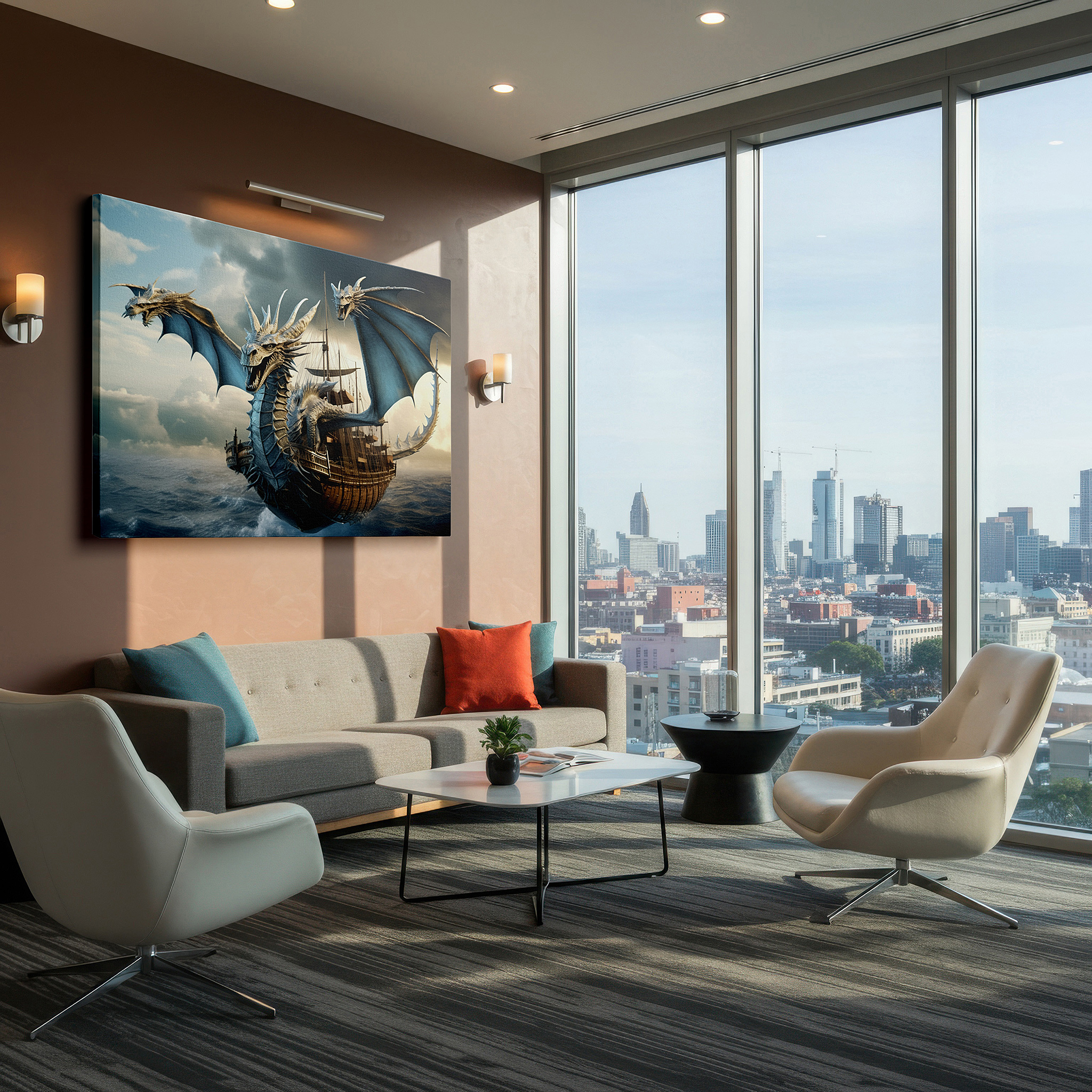 The 75×50 cm version anchors medium rooms without dominating them — mythical dragon and ancient ship canvas art: stormy skies large wall decor for office, bedroom, and living room