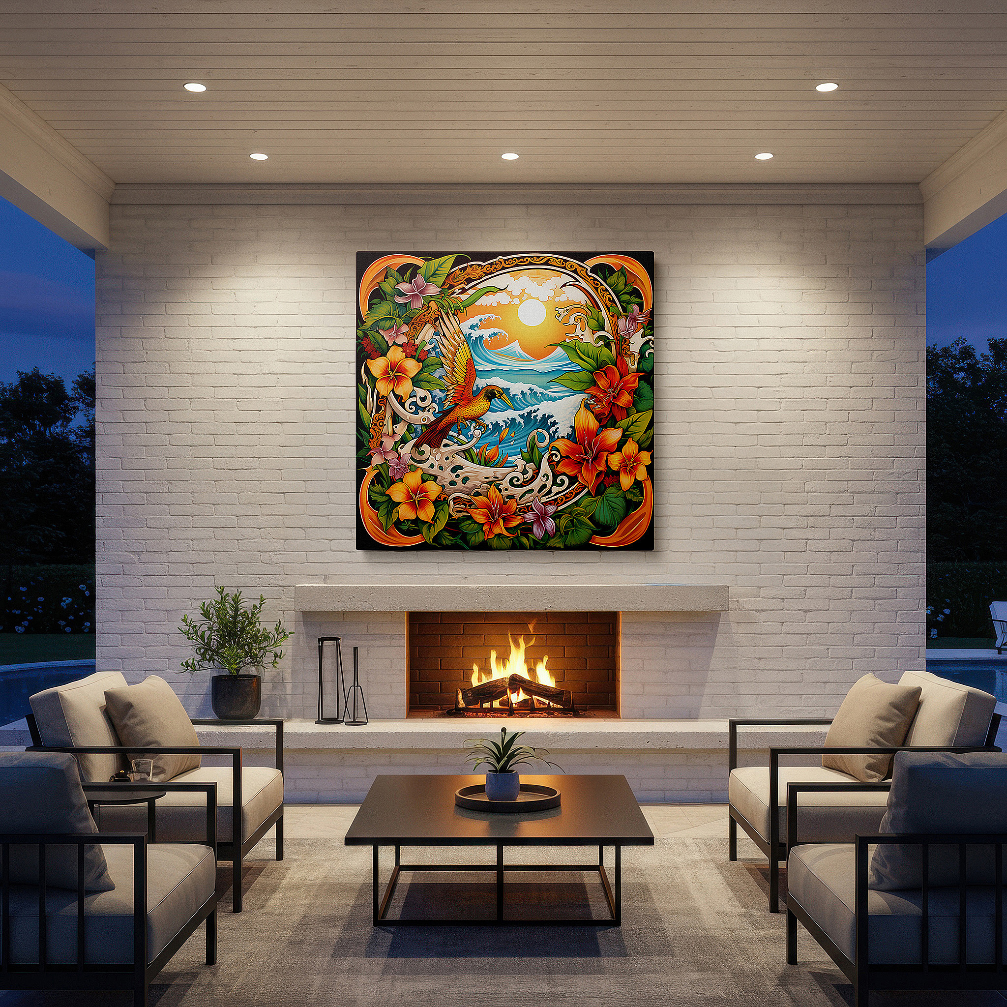 The 75×50 cm version anchors medium rooms without dominating them — ocean's power and sunset tranquility with vibrant florals wall art - large canvas for office, bedroom, and living room decor