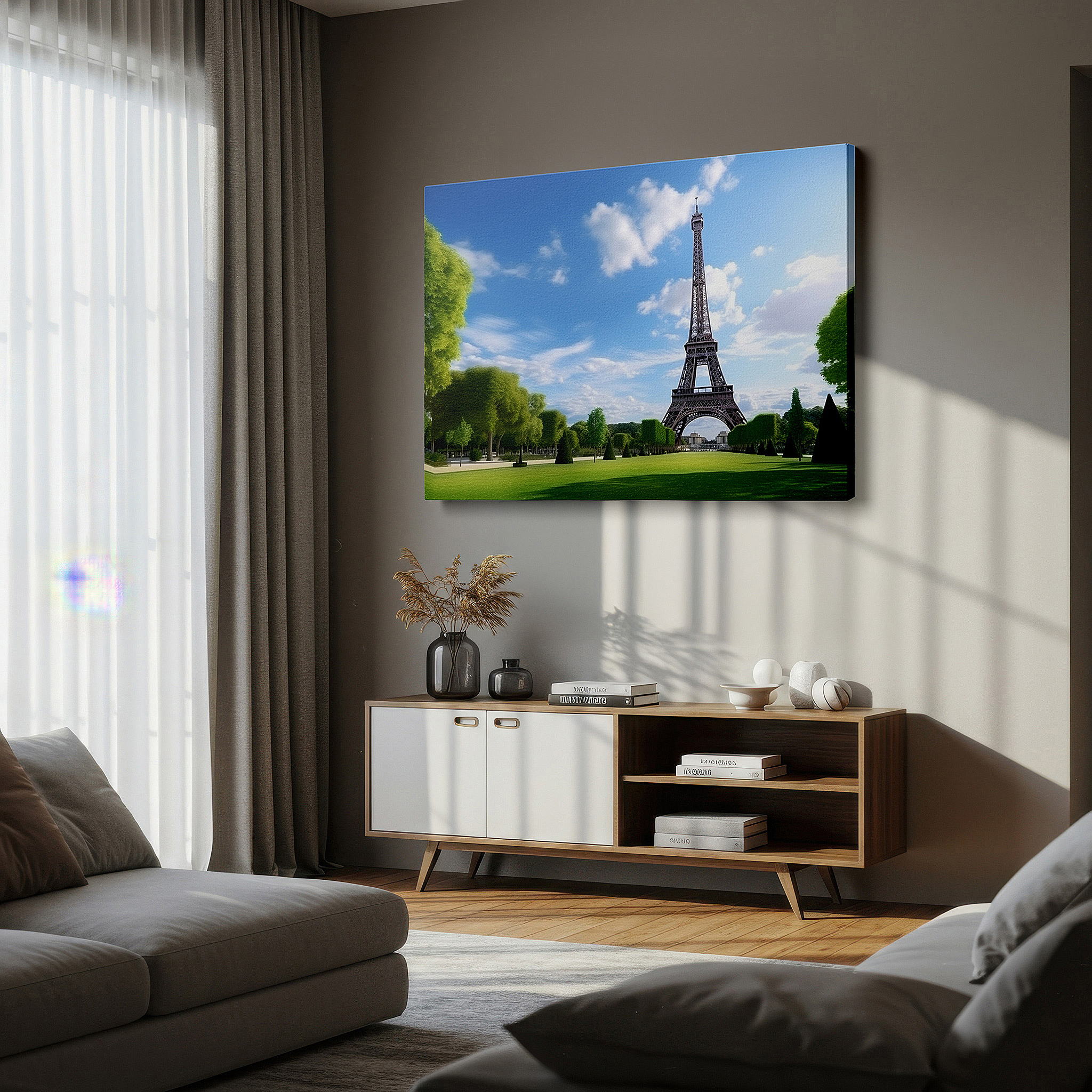 The 75×50 cm version anchors medium rooms without dominating them — paris soul gateway with eiffel tower and lush gardens large wall art, canvas wall art, wall decor for office and bedroom