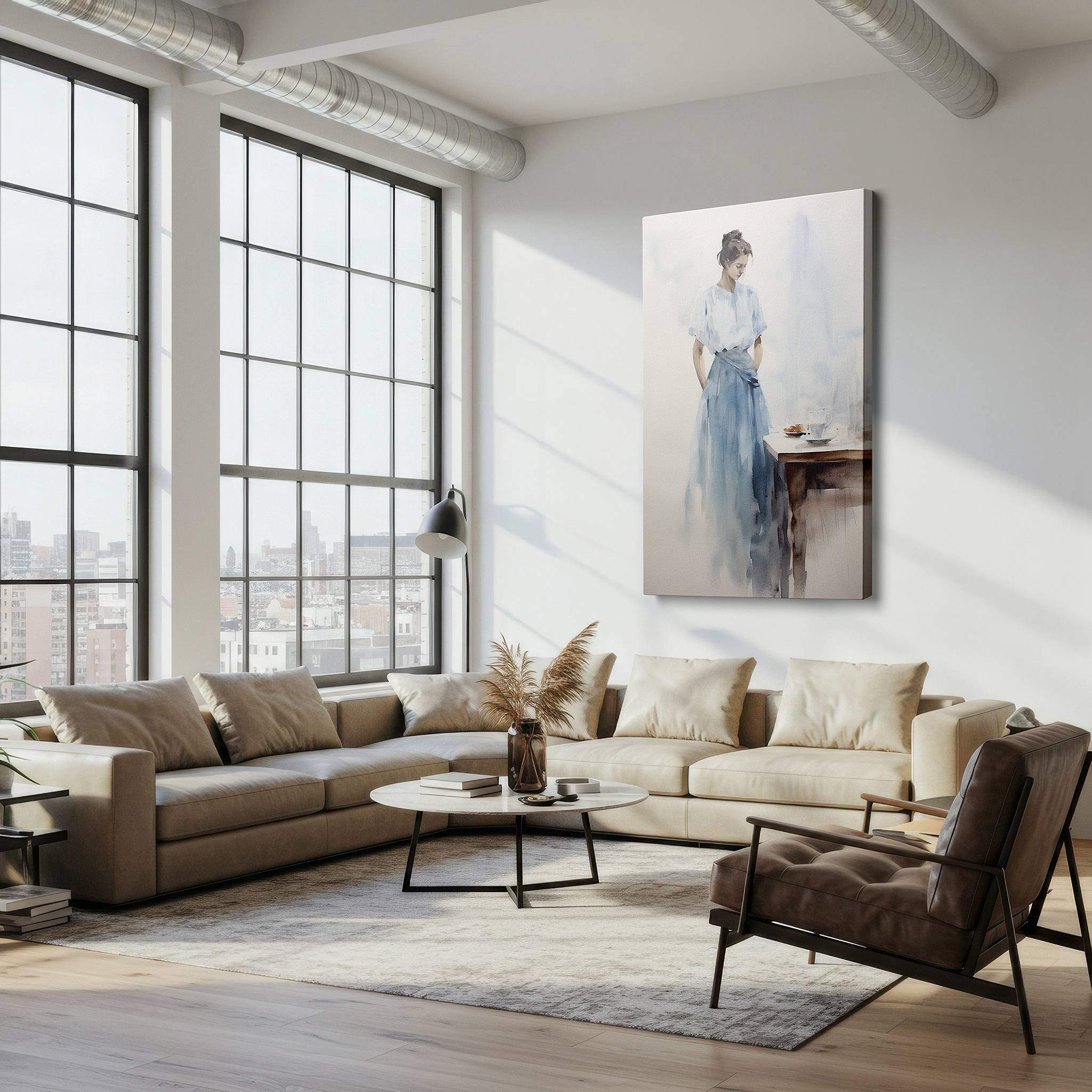 The 75×50 cm version anchors medium rooms without dominating them — peaceful morning featuring pensive woman with coffee and croissant, large canvas wall art for home and office decor