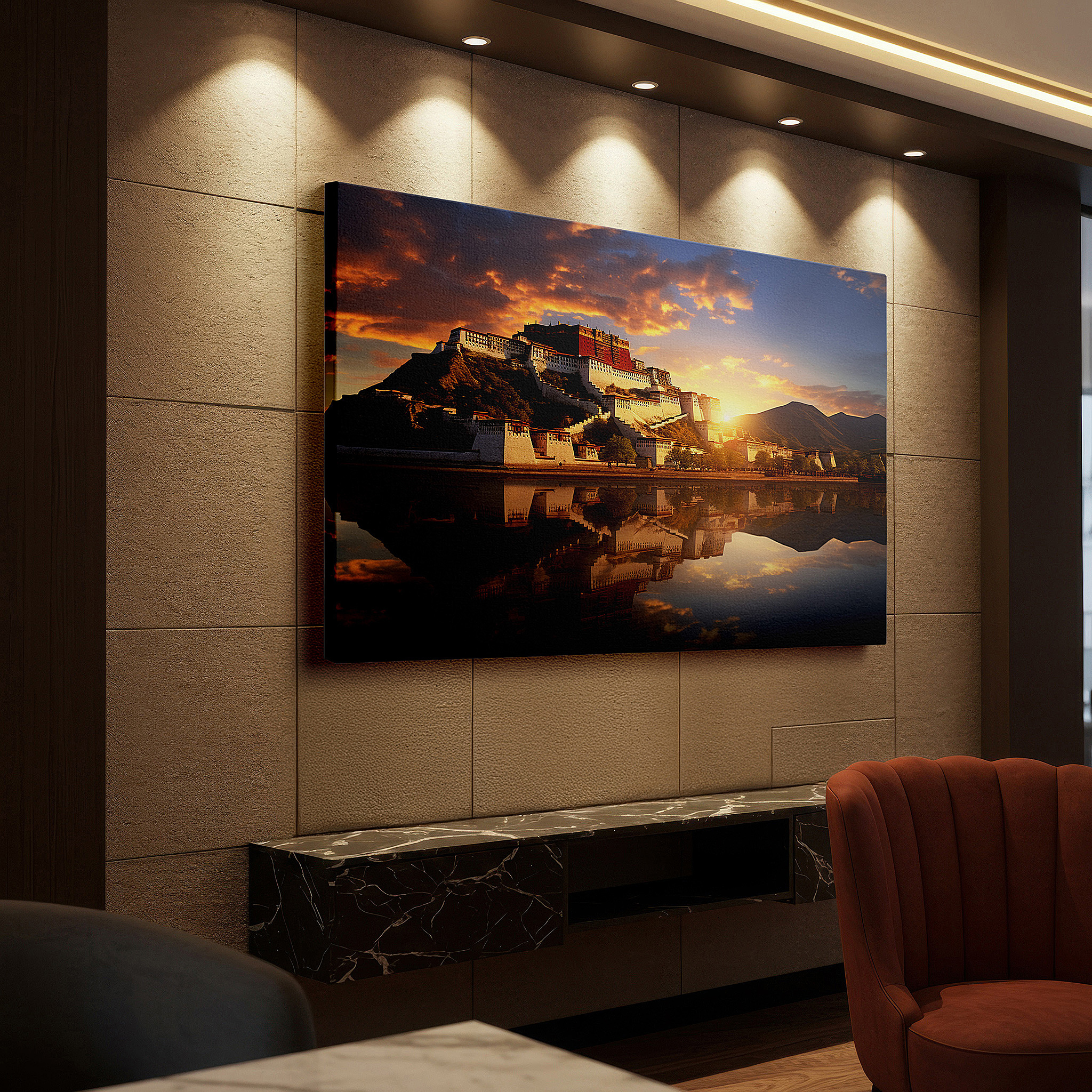 The 75×50 cm version anchors medium rooms without dominating them — potala palace golden hour glow: serene historical and natural reflections - large canvas wall art for office and bedroom decor