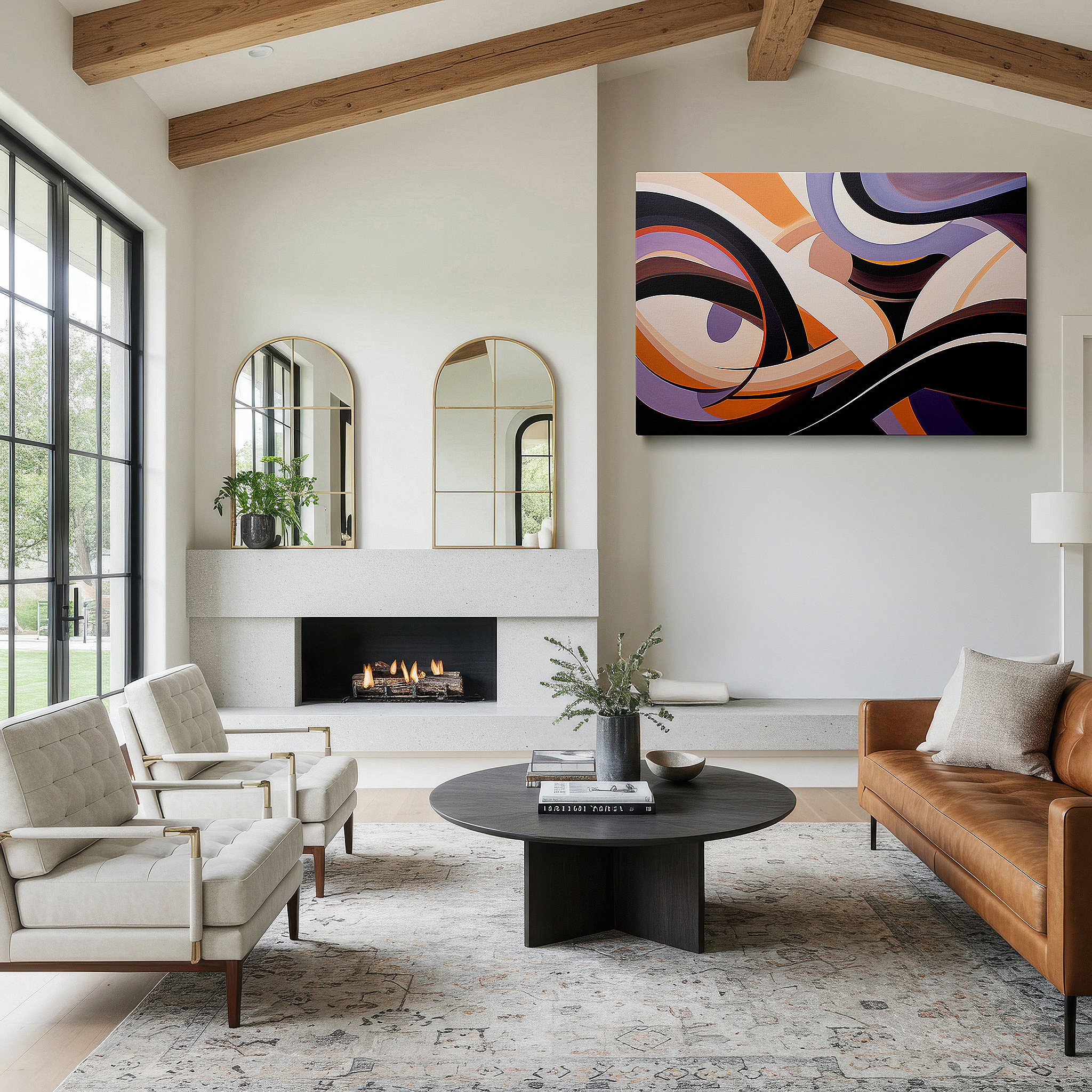 The 75×50 cm version anchors medium rooms without dominating them — purple and orange harmonious waves, tranquil and vibrant large wall art, canvas wall decor for office and bedroom