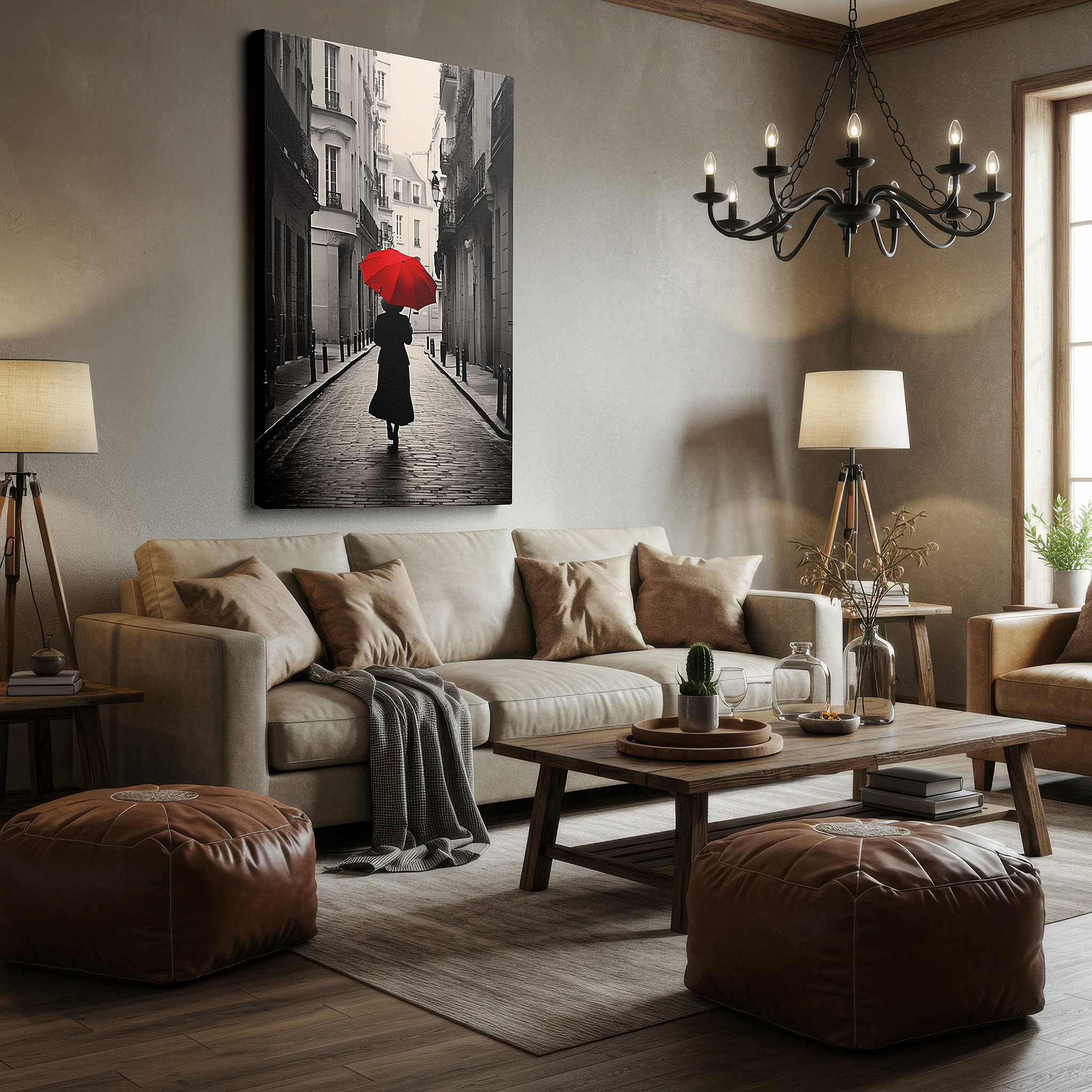 The 75×50 cm version anchors medium rooms without dominating them — red umbrella on a parisian street large canvas wall art, ideal for office, bedroom, and living room decor