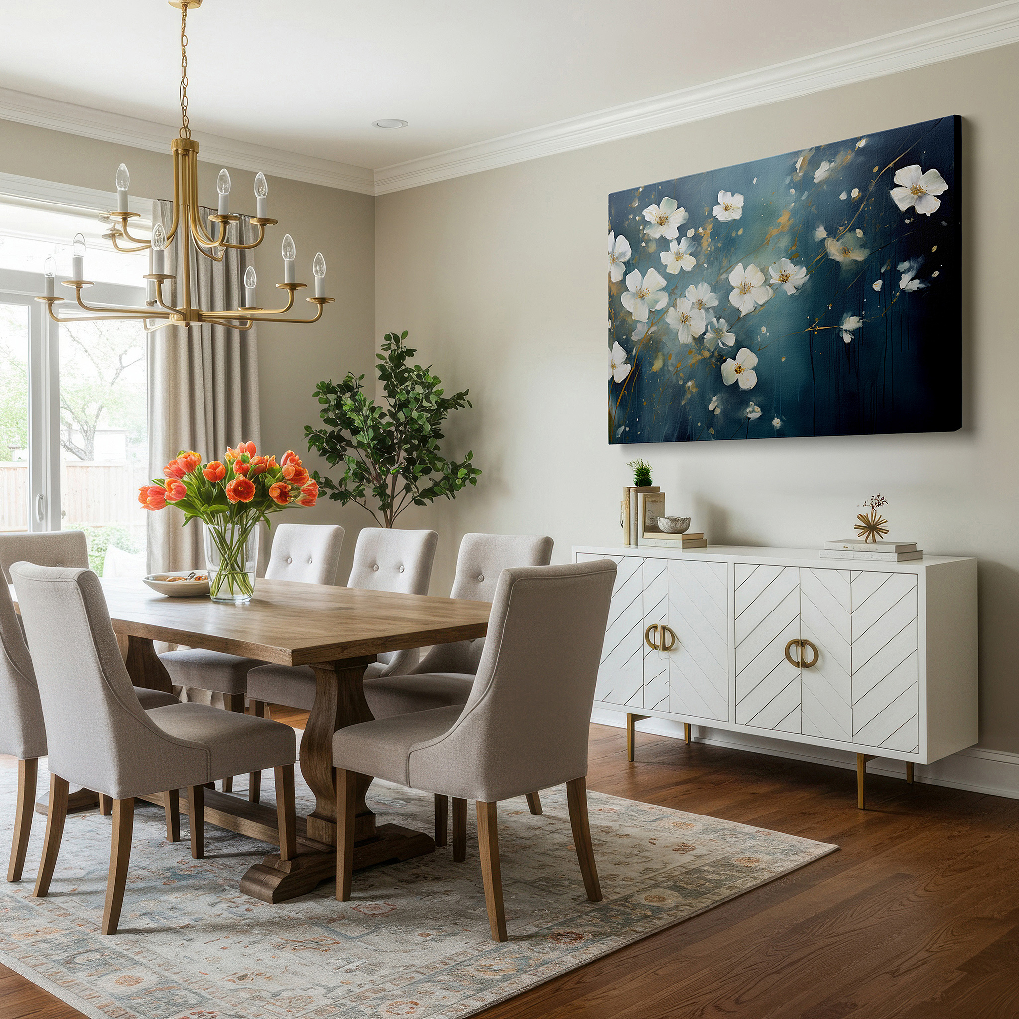 The 75×50 cm version anchors medium rooms without dominating them — resilient white flowers against dark backgrounds: striking contrast in modern decor, large canvas wall art for offices and homes