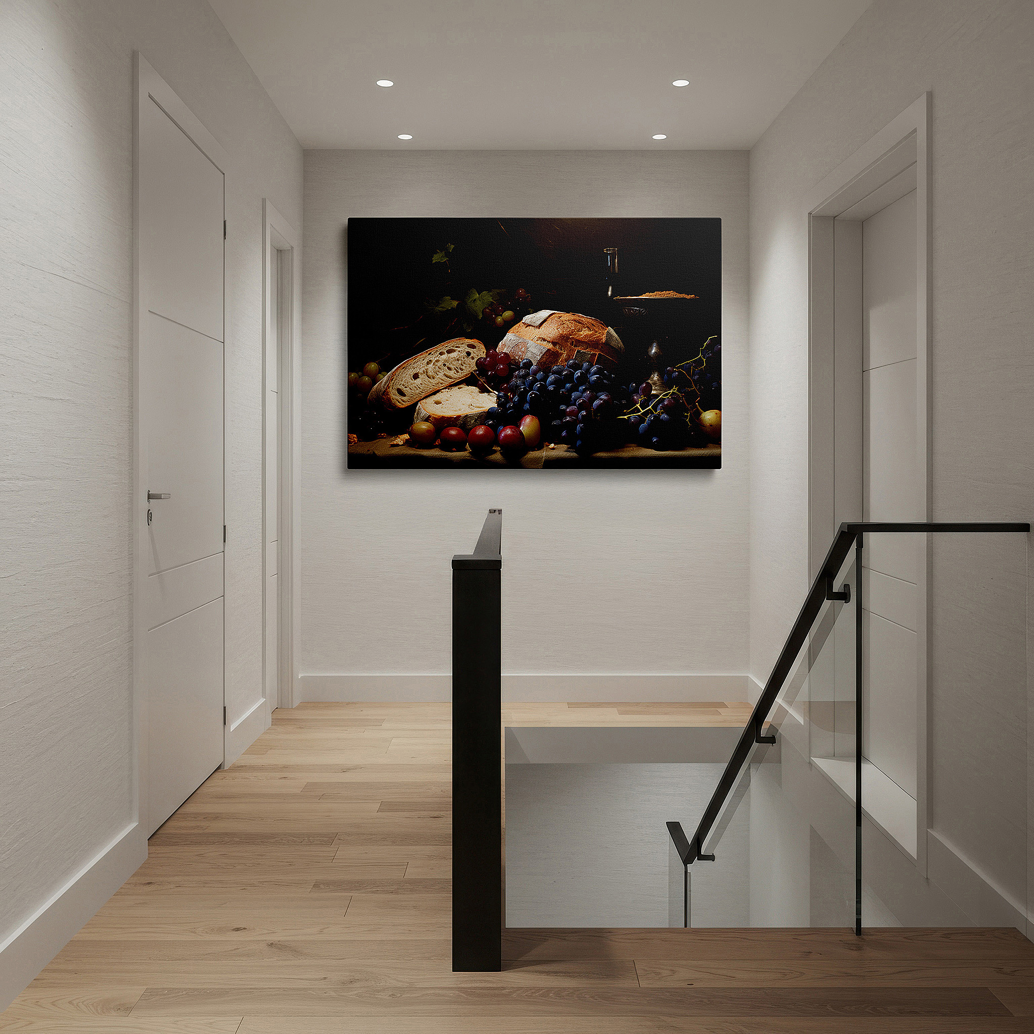 The 75×50 cm version anchors medium rooms without dominating them — rustic culinary wall art featuring fresh bread, vibrant grapes, and wine, symbolizing warmth and abundance - large canvas wall art for home and office decor