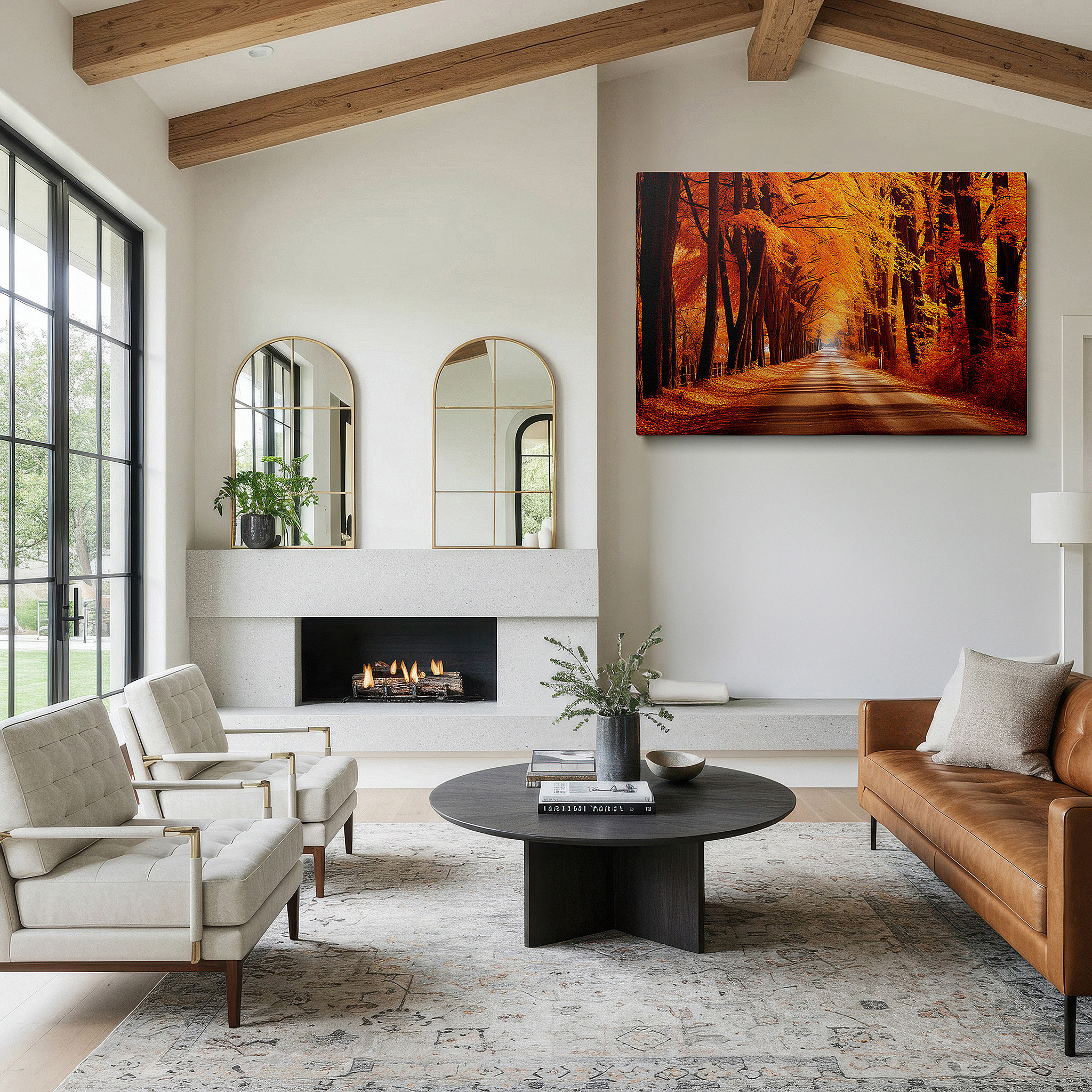 The 75×50 cm version anchors medium rooms without dominating them — serene avenue beneath a lively orange canopy: a journey through autumn splendor - large canvas wall art for office and bedroom decor