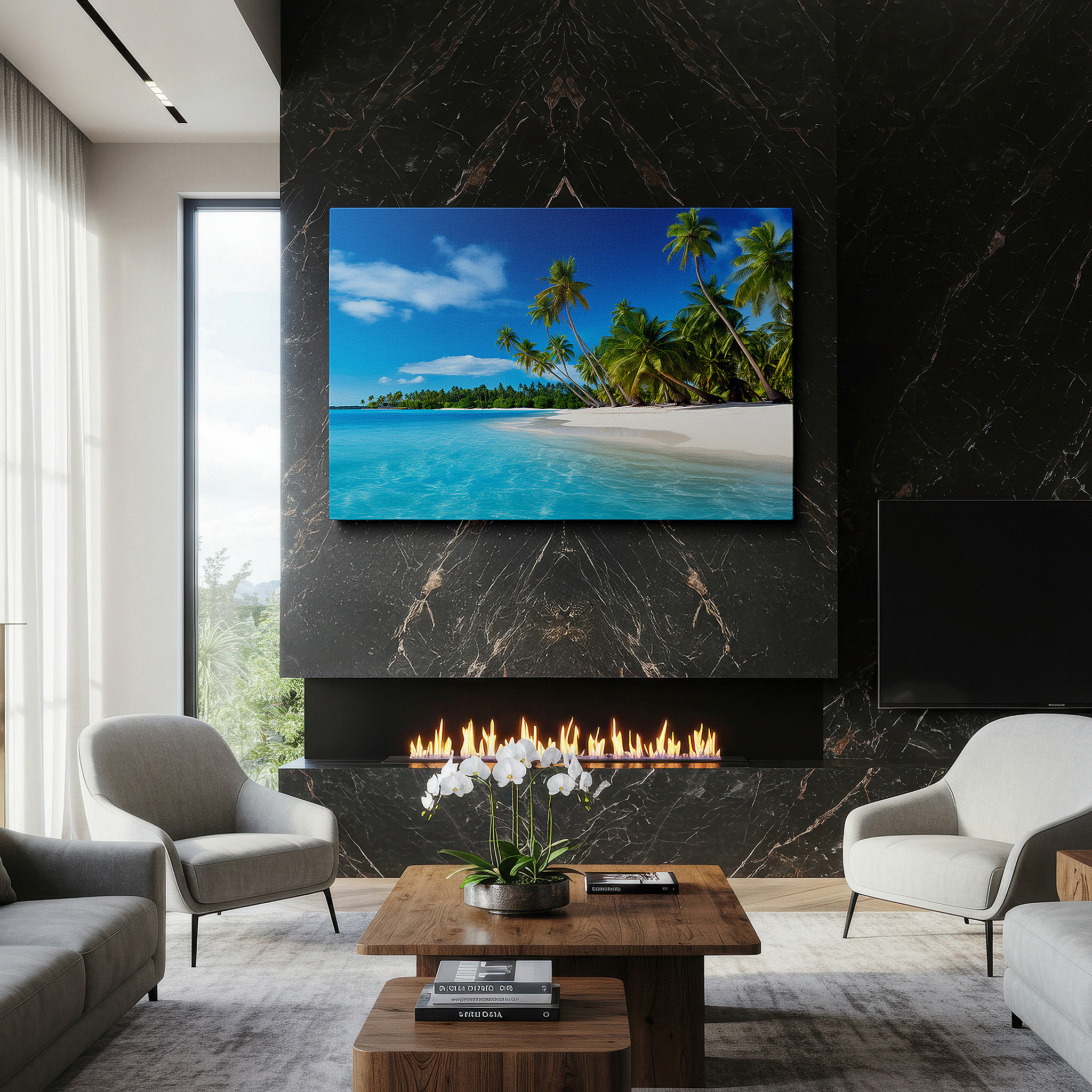 The 75×50 cm version anchors medium rooms without dominating them — serene beach morning with golden sands and blue waters large wall art, canvas wall art, wall decor for office, bedroom, and living room