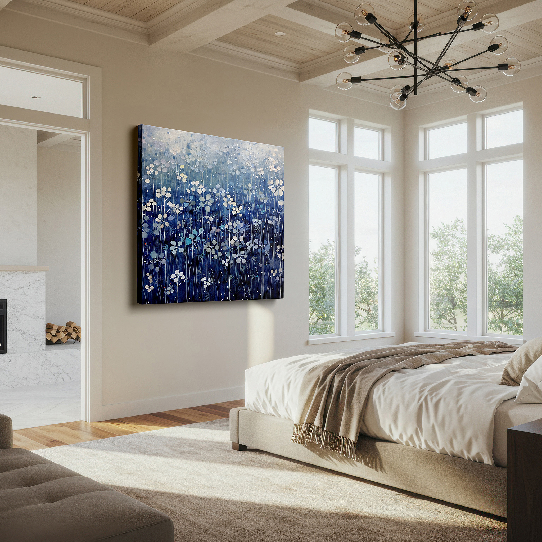 The 75×50 cm version anchors medium rooms without dominating them — serene blue and white floral wall art for tranquil spaces - large canvas decor for office, bedroom, and living room