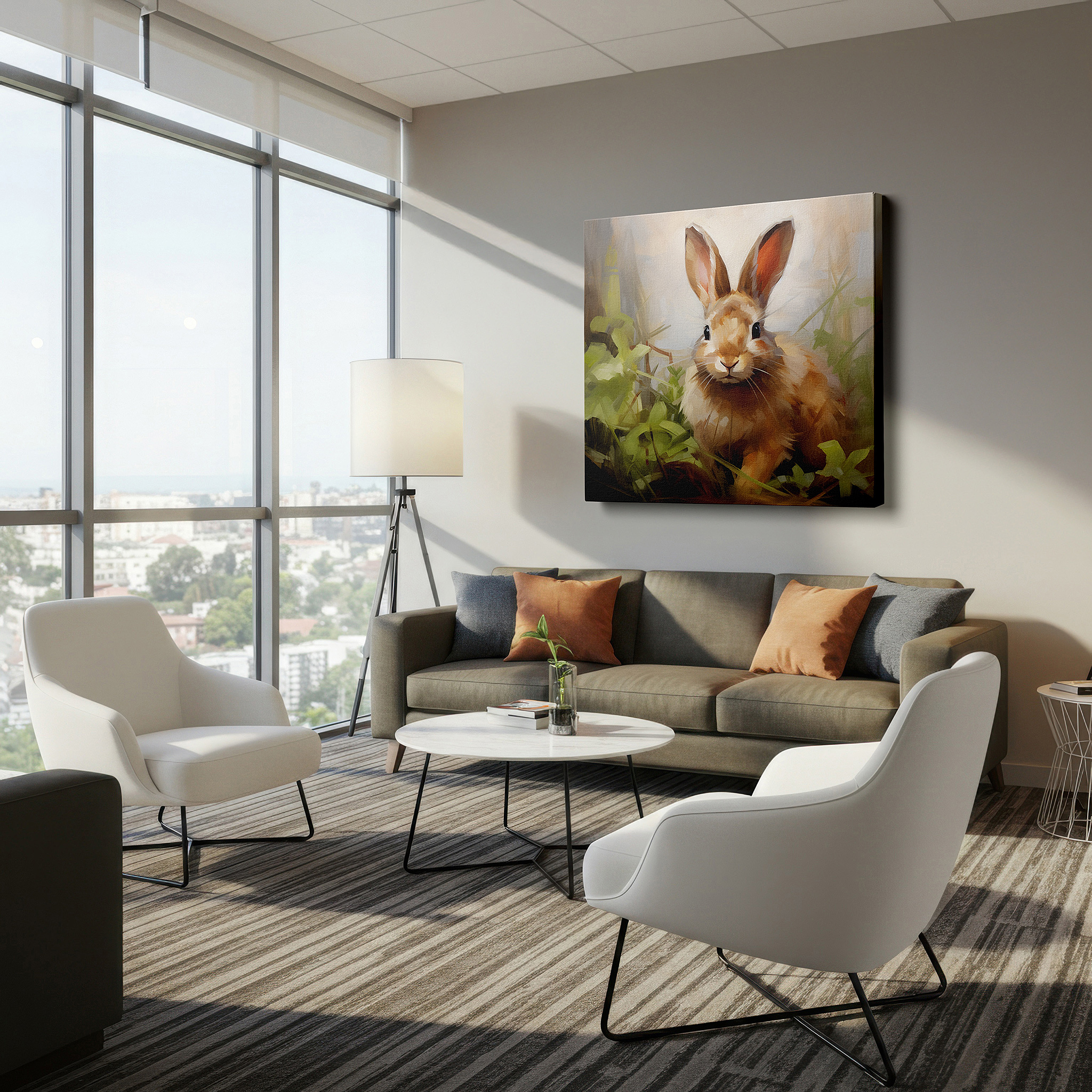 The 75×50 cm version anchors medium rooms without dominating them — serene brown rabbit amidst lush greenery: tranquil wildlife large wall art, canvas decor for office and bedroom