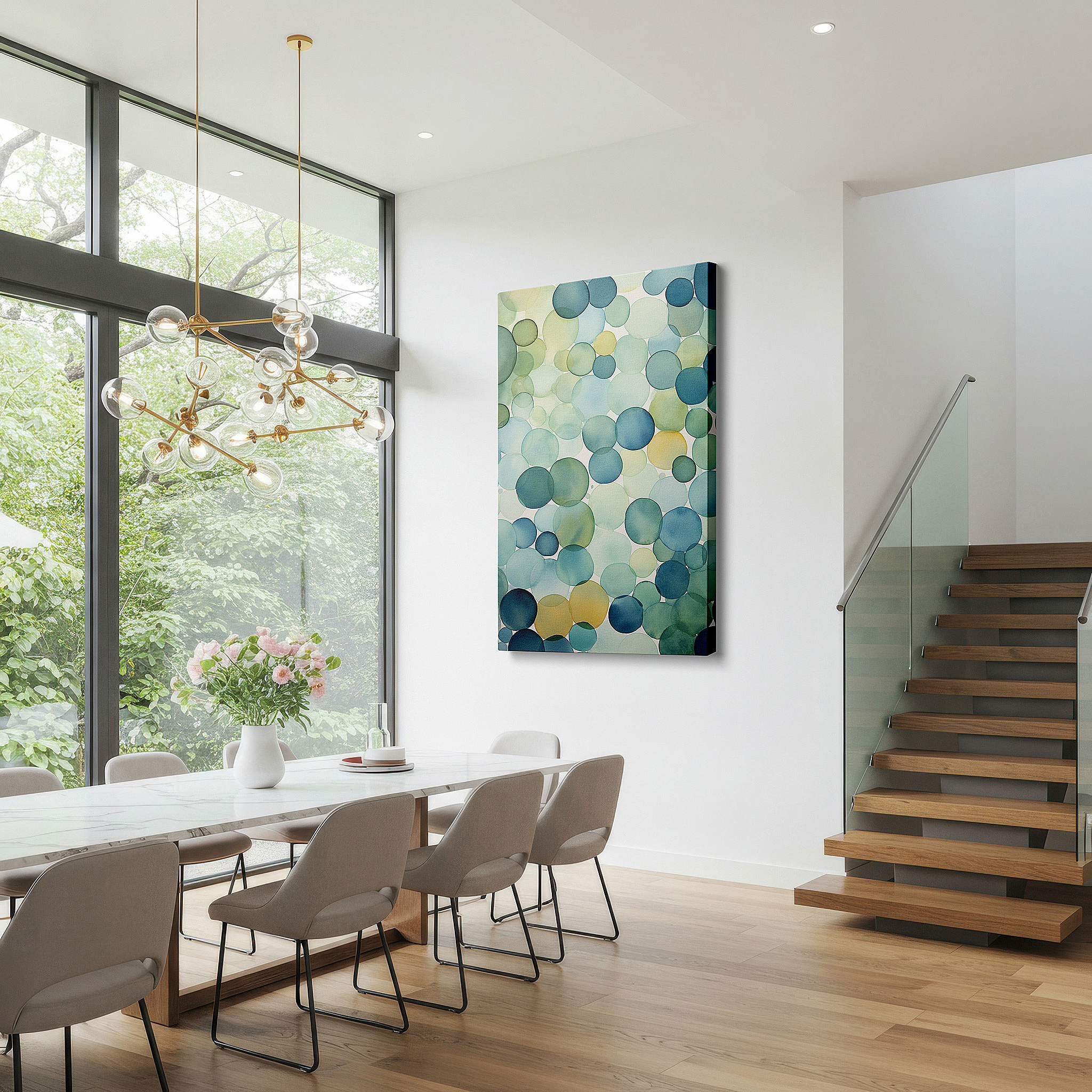 The 75×50 cm version anchors medium rooms without dominating them — serene bubbles in blues and greens: tranquil abstract art for harmonious spaces - large wall art, canvas wall art, wall decor for office and bedroom