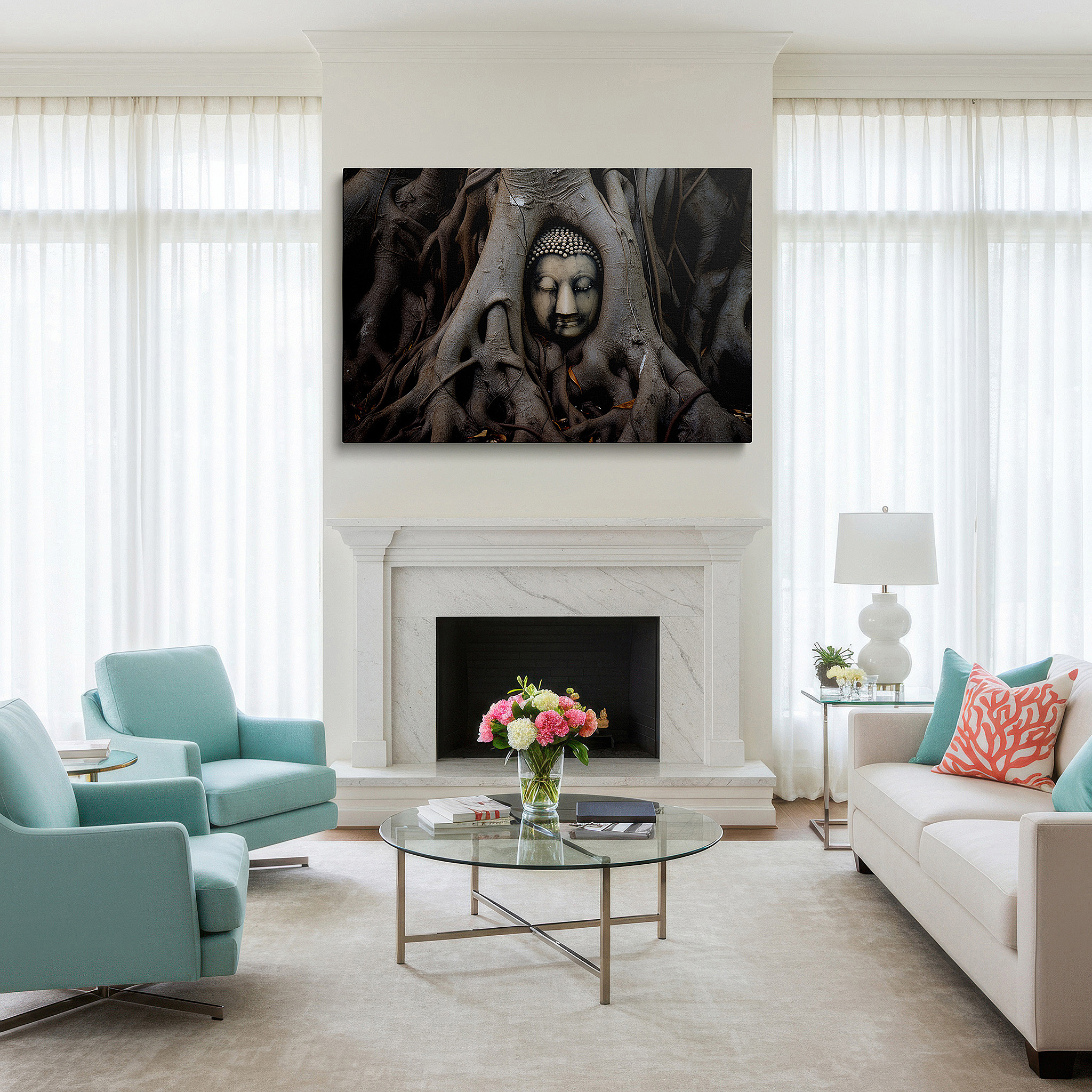 The 75×50 cm version anchors medium rooms without dominating them — serene buddha amidst ancient roots wall art: a symbol of peace and nature's embrace - ideal for office and bedroom decor, large canvas wall art