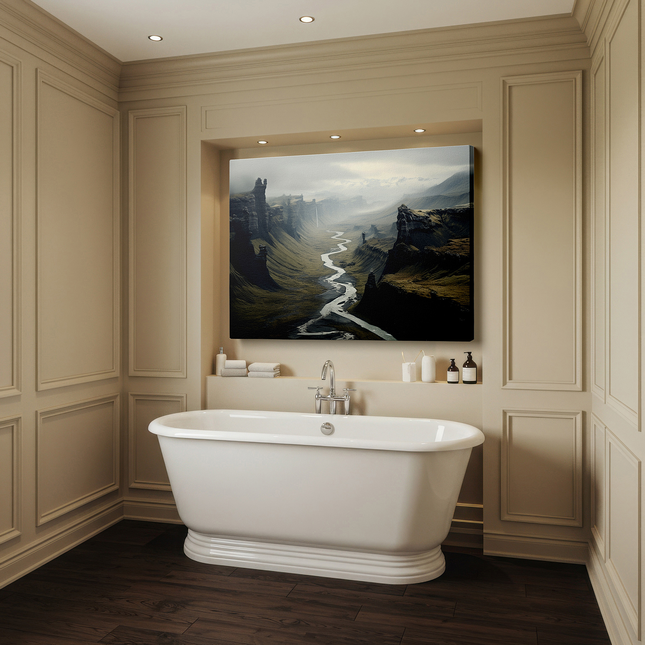 The 75×50 cm version anchors medium rooms without dominating them — serene canyon landscape with majestic river and towering rocks - large canvas wall art for office, bedroom, and living room decor