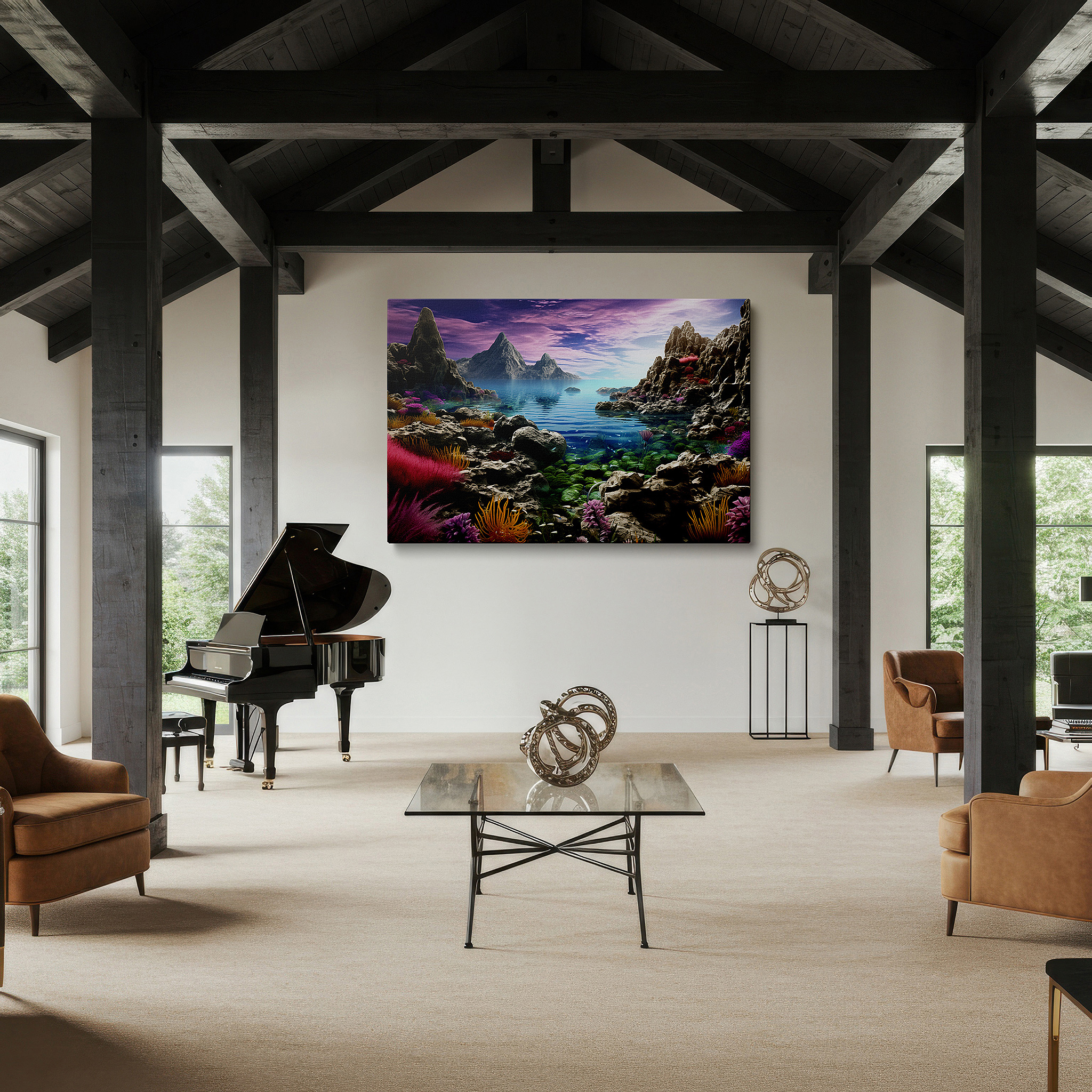 The 75×50 cm version anchors medium rooms without dominating them — serene coastal scene with verdant vegetation and tranquil waters: large canvas wall art for office, bedroom, and living room decor