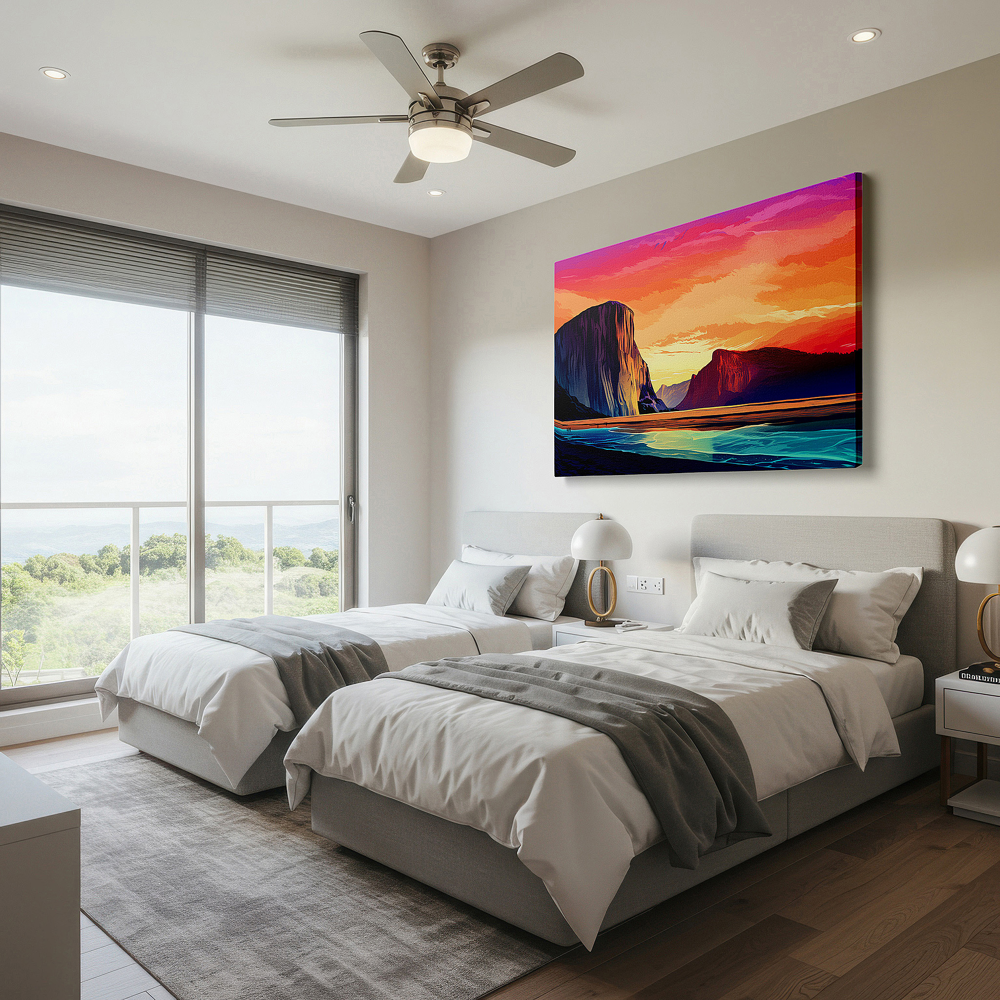 The 75×50 cm version anchors medium rooms without dominating them — serene coastal sunset wall art: fiery skies and tranquil seas - large canvas for office, bedroom, and living room decor
