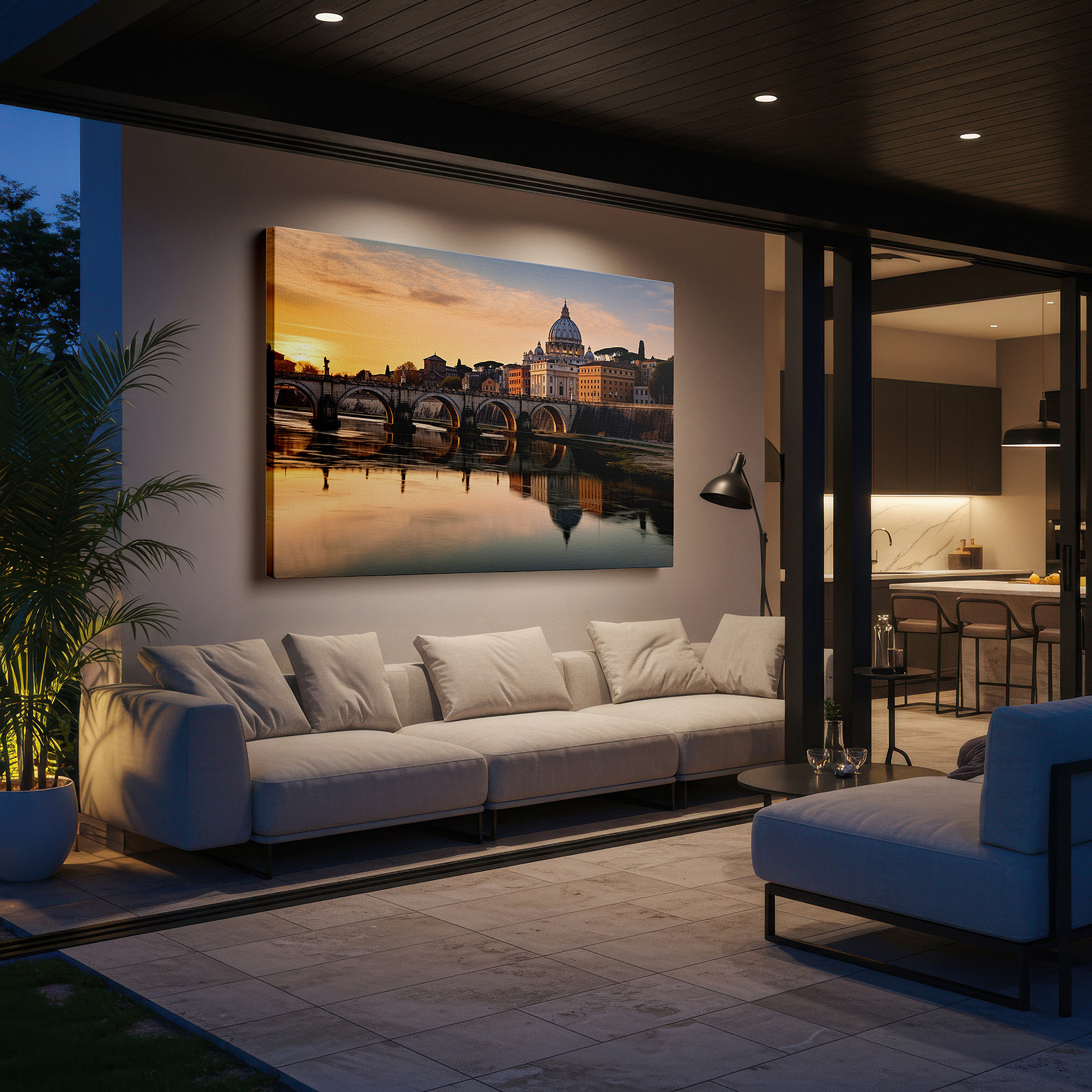 The 75×50 cm version anchors medium rooms without dominating them — serene dawn at st. peter's basilica over the tiber river wall art for office, bedroom, and living room decor
