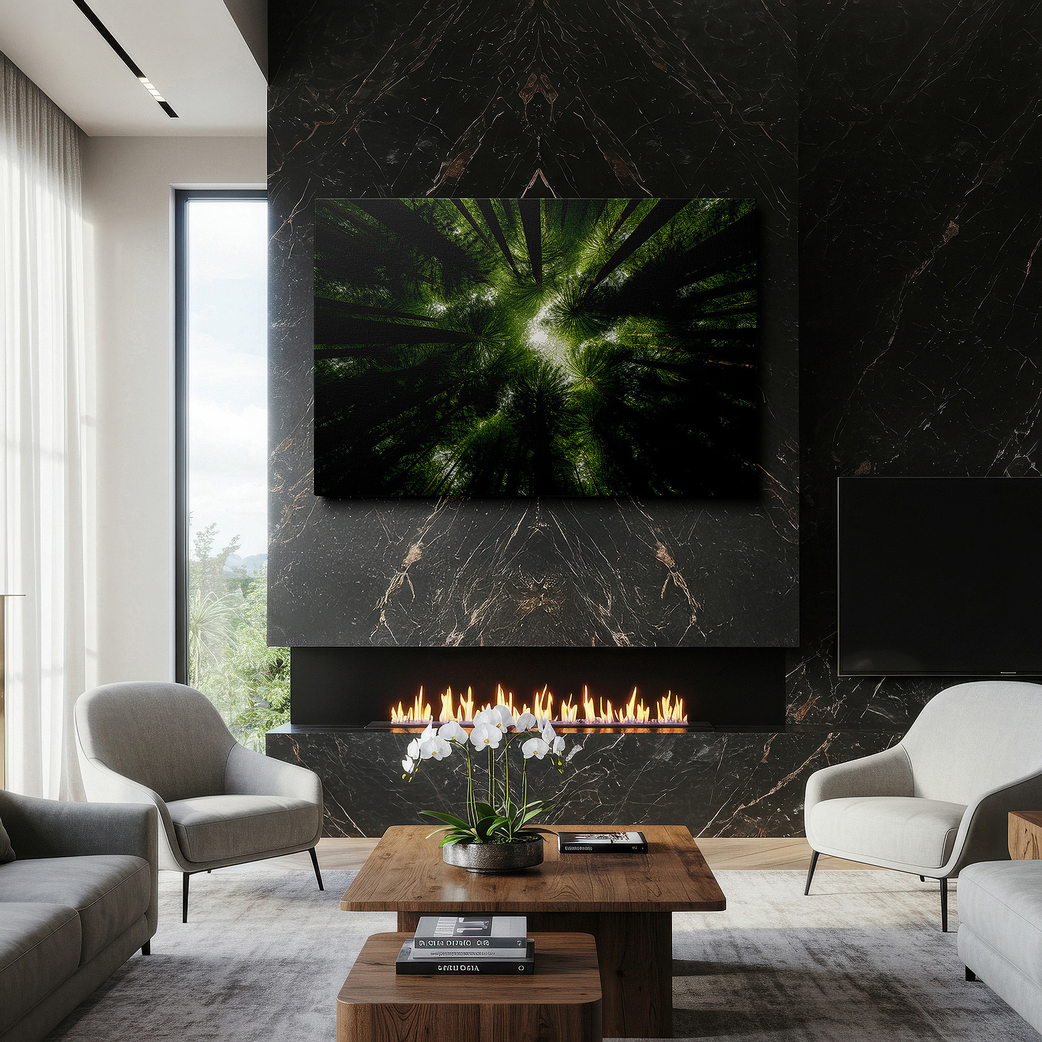 The 75×50 cm version anchors medium rooms without dominating them — serene forest canopy: tranquil views of lush greenery and radiant skies - large canvas wall art for home and office decor