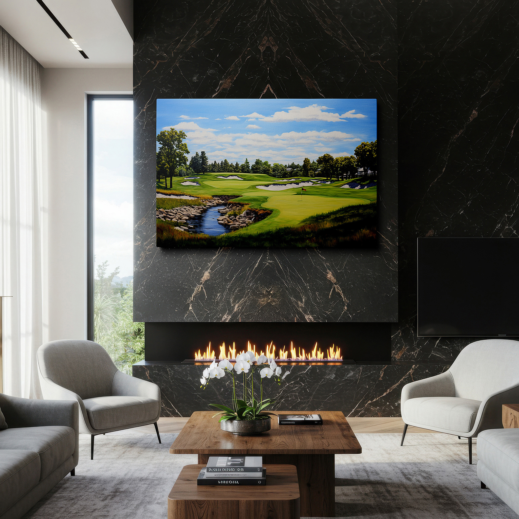The 75×50 cm version anchors medium rooms without dominating them — serene golf course oasis wall art featuring lush greens and calm blue skies, perfect for office, bedroom, and living room decor