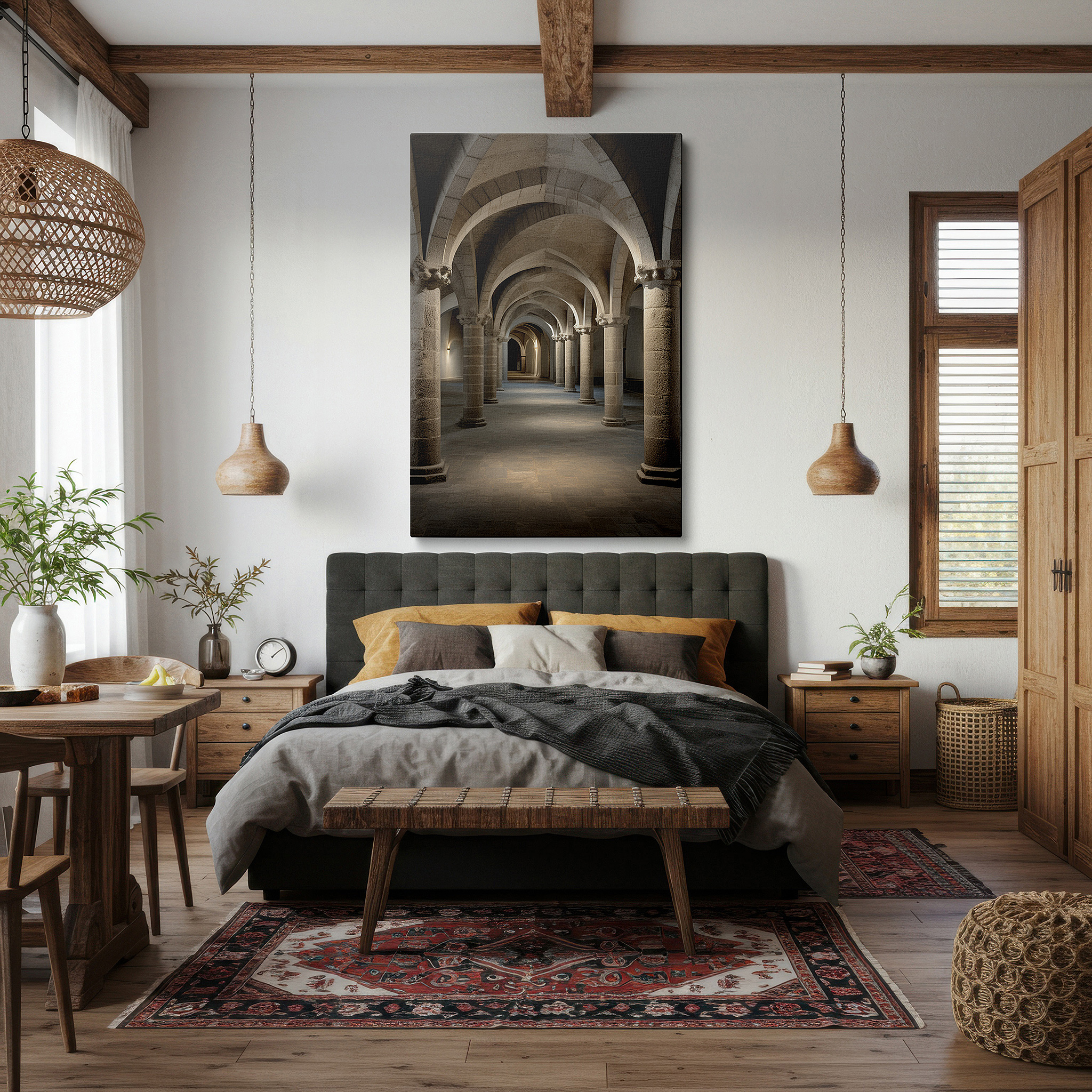 The 75×50 cm version anchors medium rooms without dominating them — serene journey through majestic stone arches: a sanctuary of light and shadow - large canvas wall art for office and bedroom decor