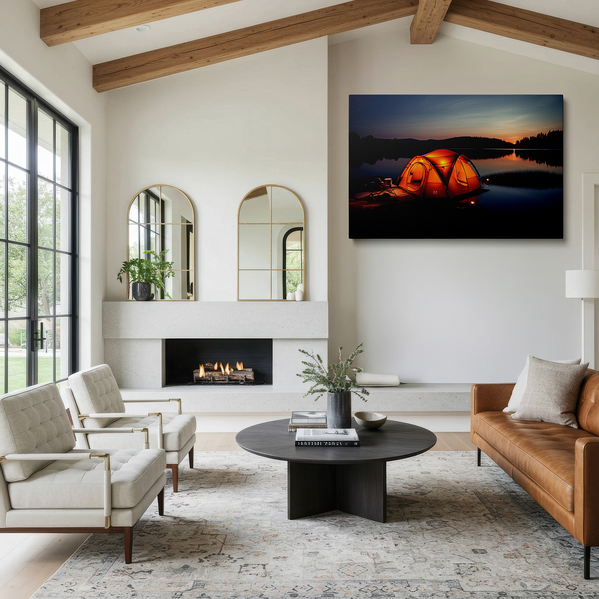 The 75×50 cm version anchors medium rooms without dominating them — serene lakeside escape featuring a bright orange tent under twilight skies - large wall art, canvas wall art, wall decor for office and bedroom