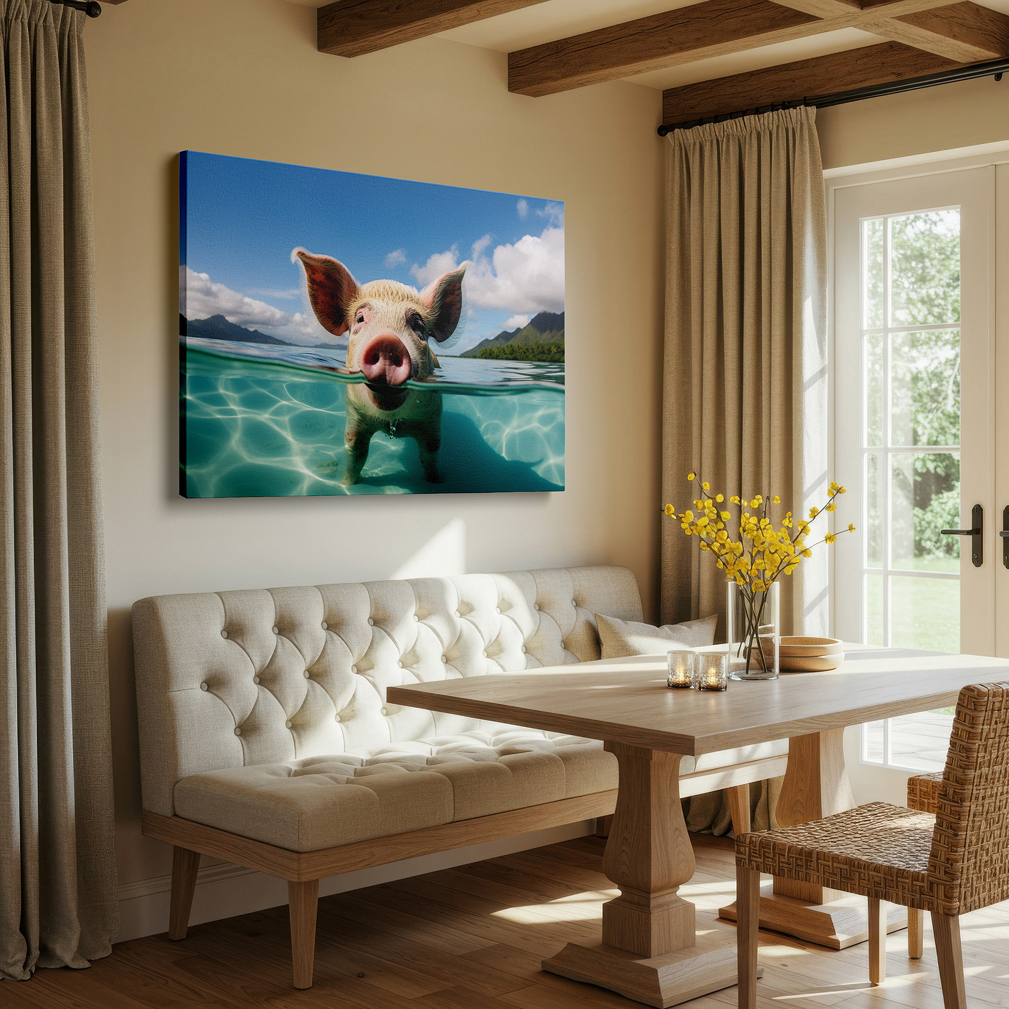 The 75×50 cm version anchors medium rooms without dominating them — serene pig floating in crystal waters with tropical mountain backdrop - large canvas wall art for office and bedroom decor