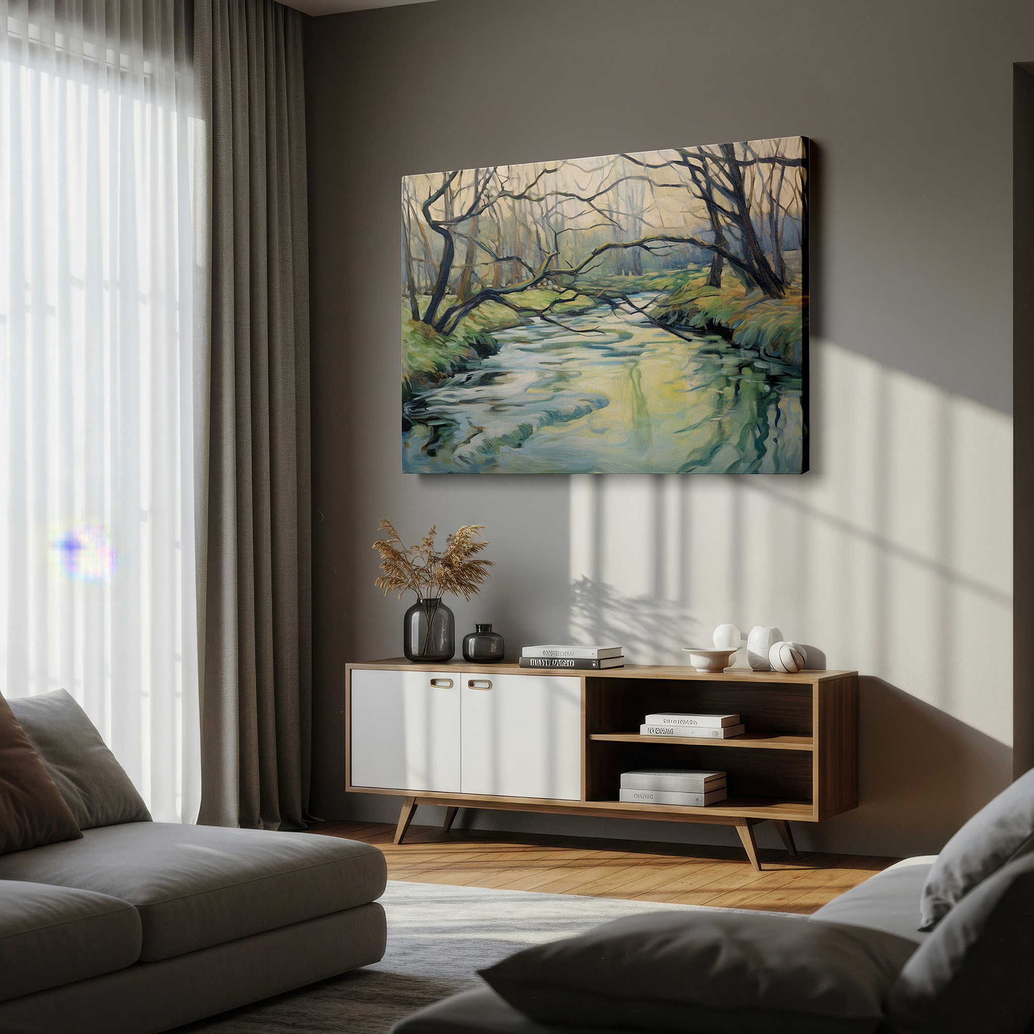 The 75×50 cm version anchors medium rooms without dominating them — serene river amidst lush forest, tranquil nature canopy large wall art, canvas wall art, wall decor for office and bedroom