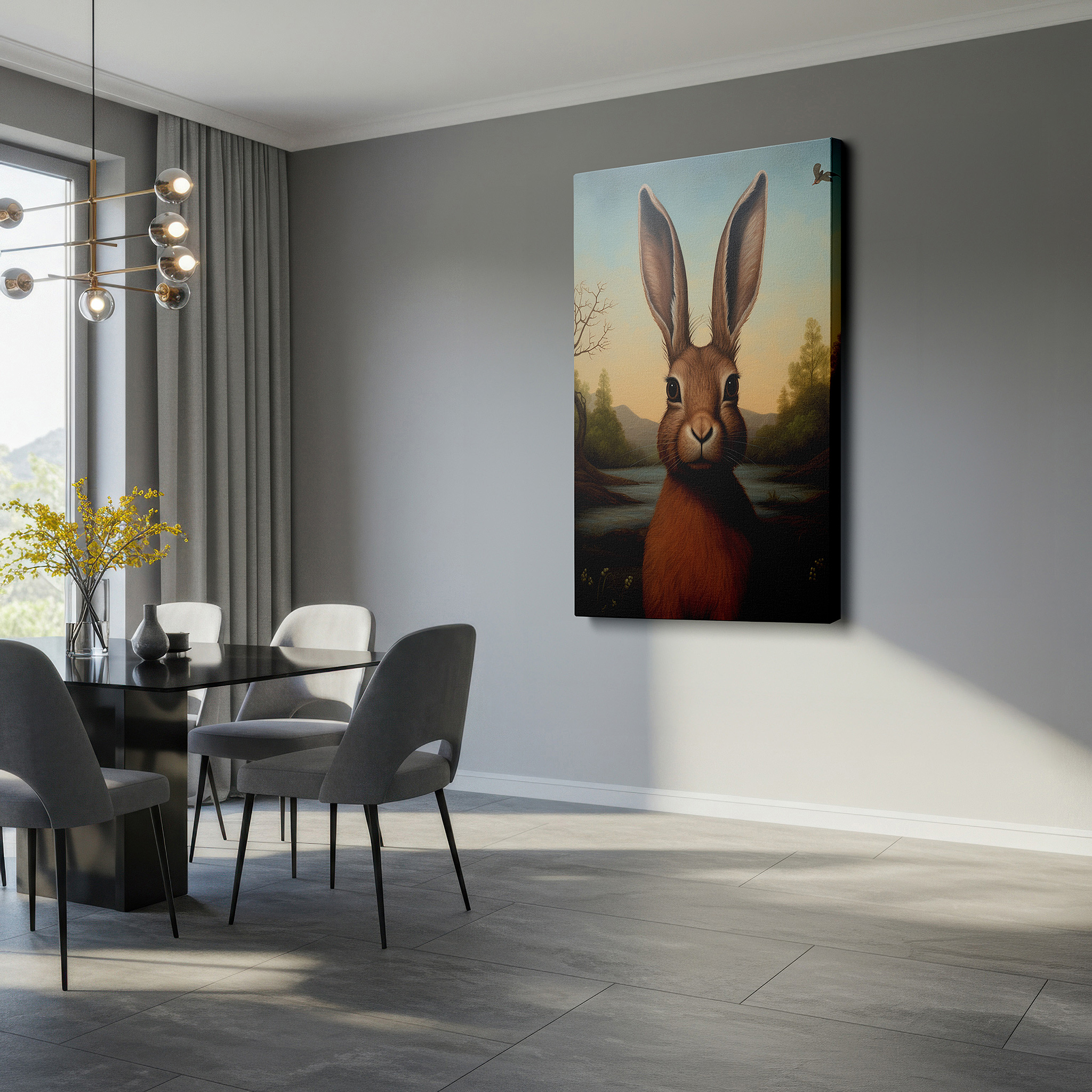 The 75×50 cm version anchors medium rooms without dominating them — serene riverside rabbit: large canvas wall art featuring nature and wildlife, perfect for office decor