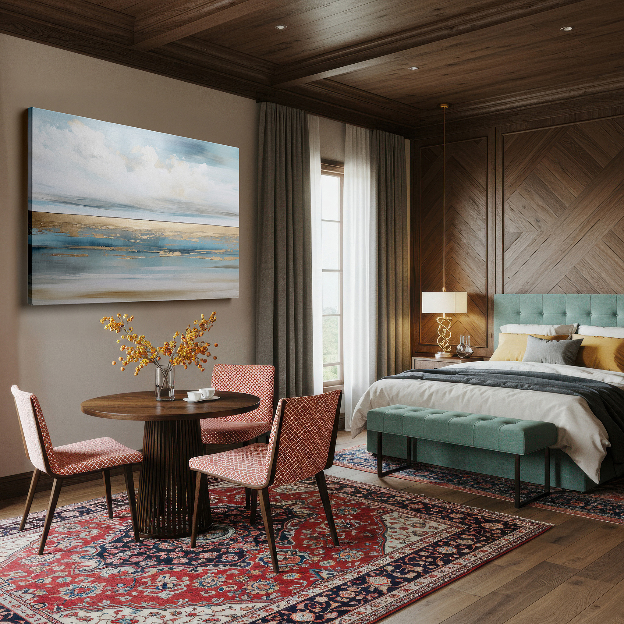 The 75×50 cm version anchors medium rooms without dominating them — serene seascape canvas art in blues and greens with golden sunlight reflections, ideal for office and bedroom wall decor