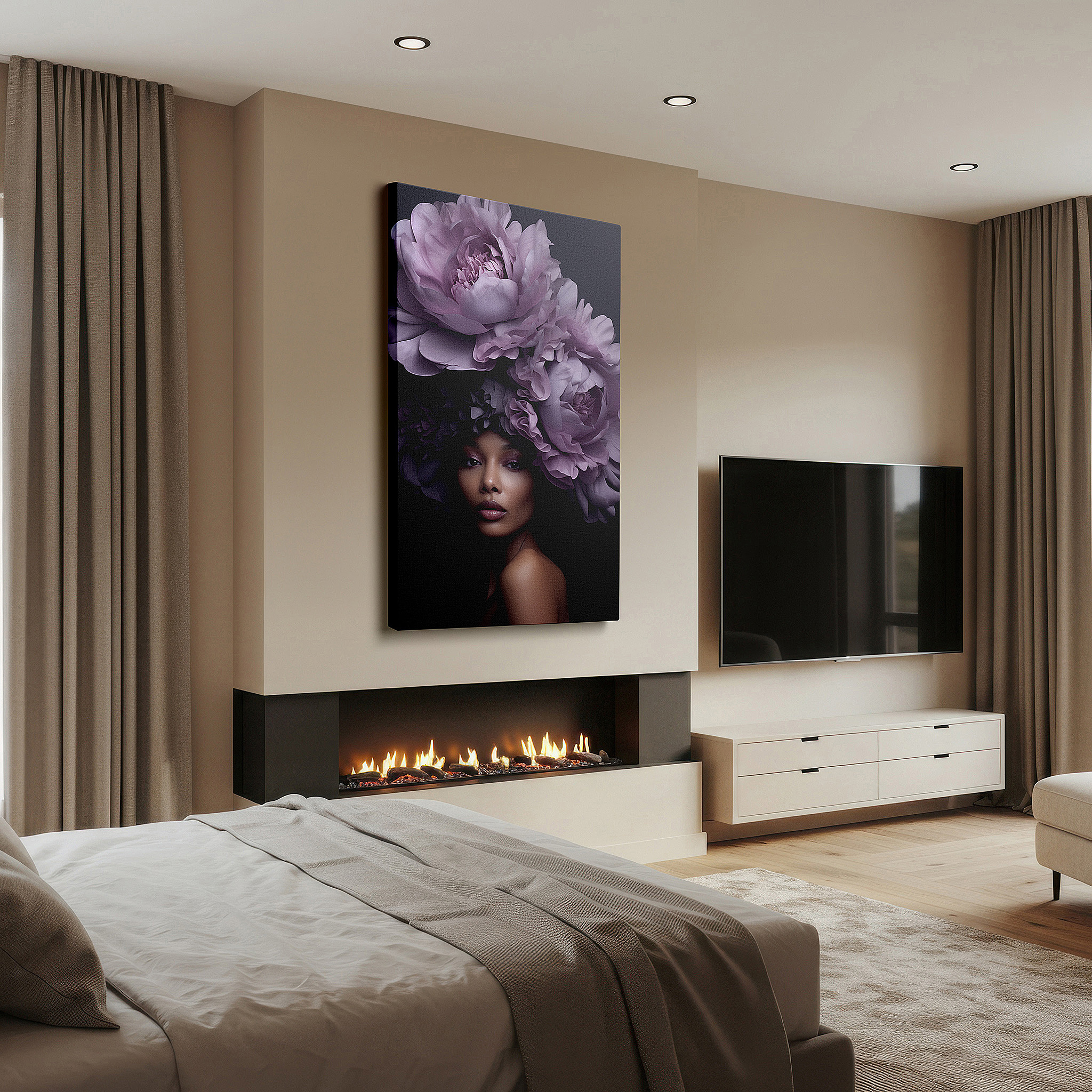 The 75×50 cm version anchors medium rooms without dominating them — serene and strong ethereal woman with peony floral headpiece - large wall art, canvas wall art, wall decor for office and bedroom