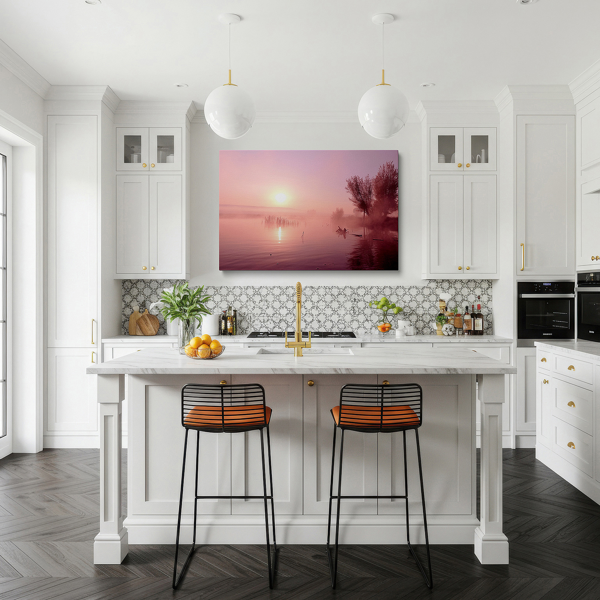 The 75×50 cm version anchors medium rooms without dominating them — serene sunrise over misty lake wall art: ethereal light and soft pink hues for tranquility - large canvas wall art decor for office