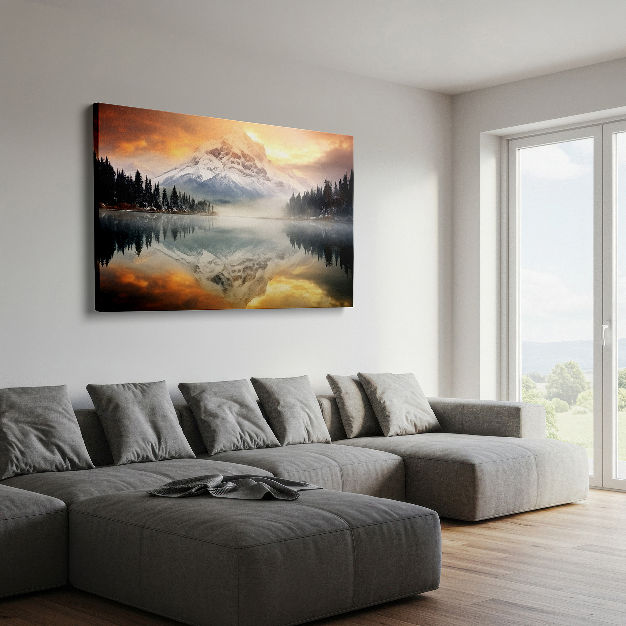 The 75×50 cm version anchors medium rooms without dominating them — serene sunset over snow-capped peaks and reflective lake large wall art, canvas wall art, wall art decor, office wall art, bedroom wall art, living room wall art