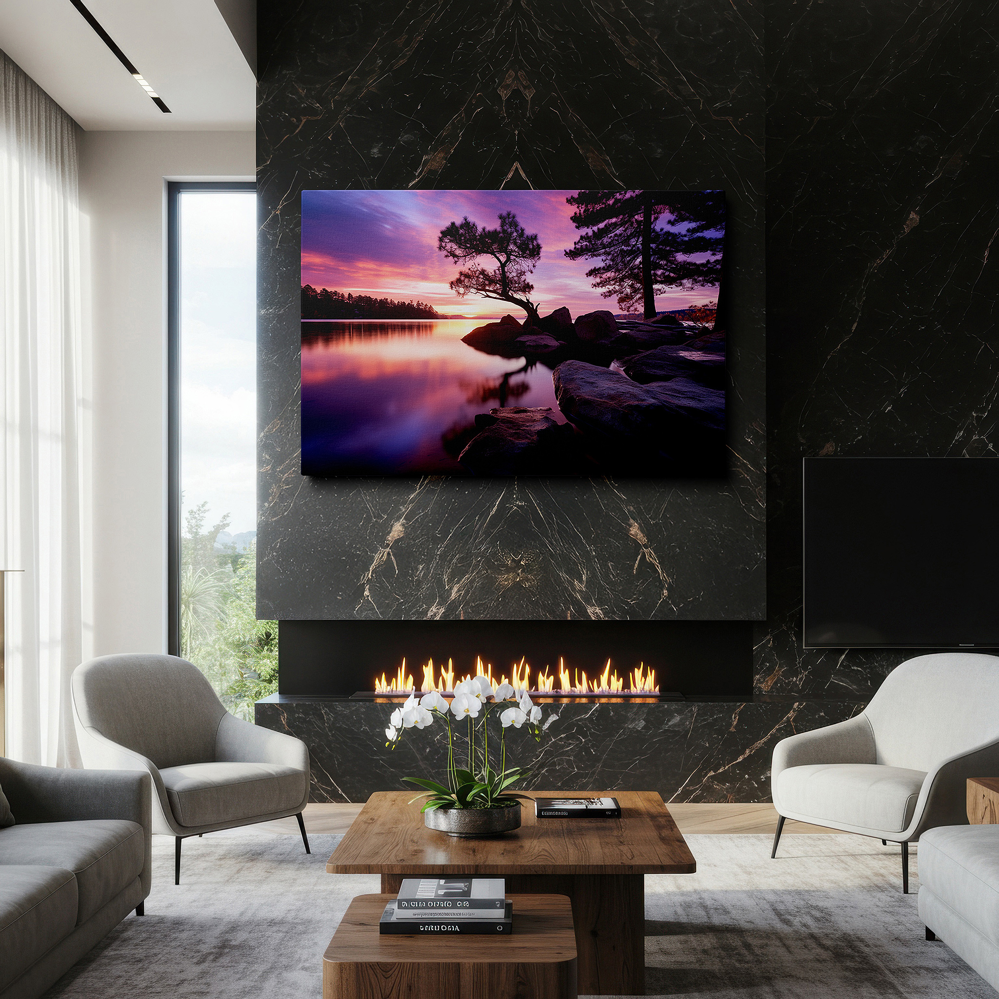 The 75×50 cm version anchors medium rooms without dominating them — serene sunset over tranquil lake: a vivid symphony of fiery hues and peaceful reflections - large canvas wall art for office decor