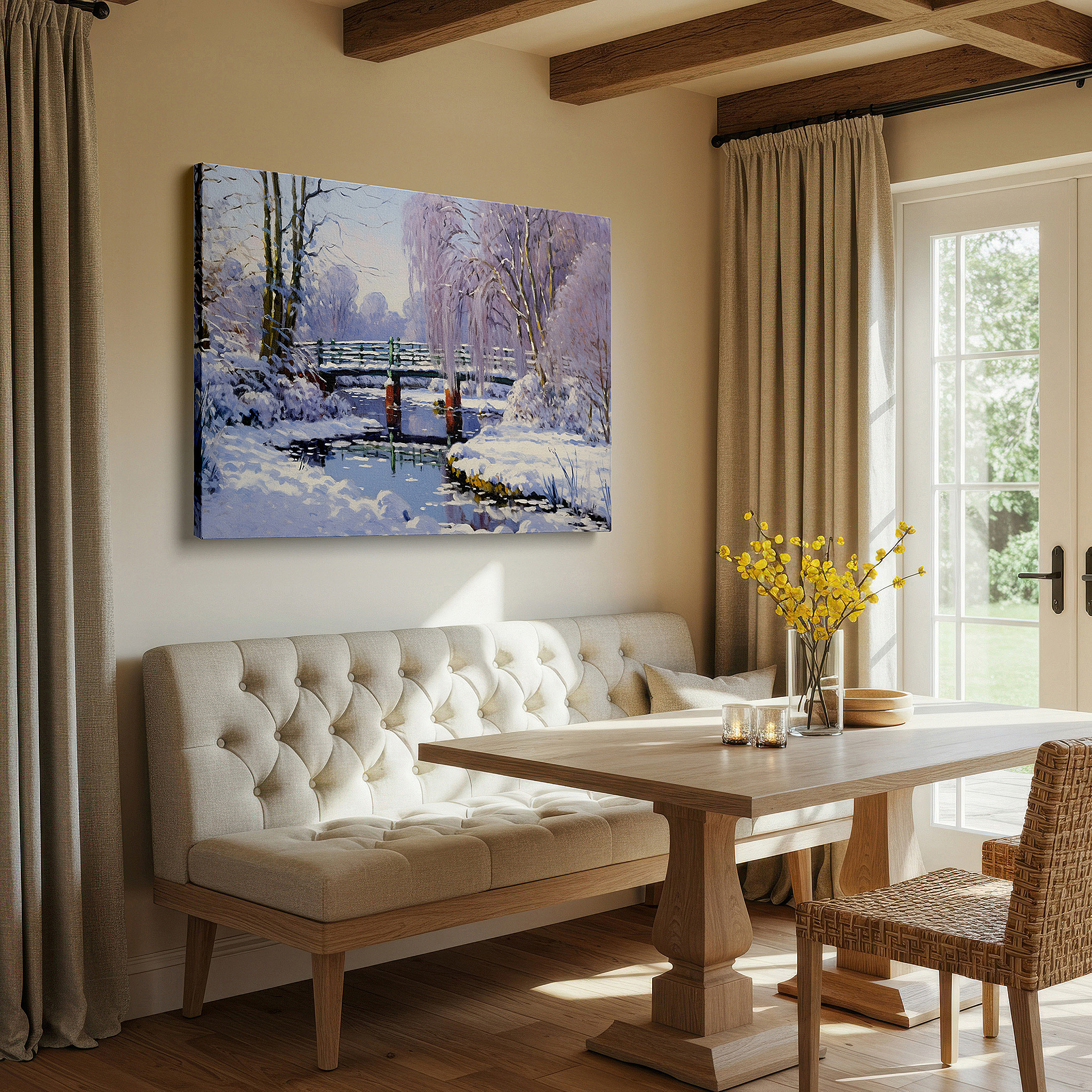 The 75×50 cm version anchors medium rooms without dominating them — serene winter scene featuring a rustic wooden bridge over a snowy stream - large canvas wall art for home and office decor